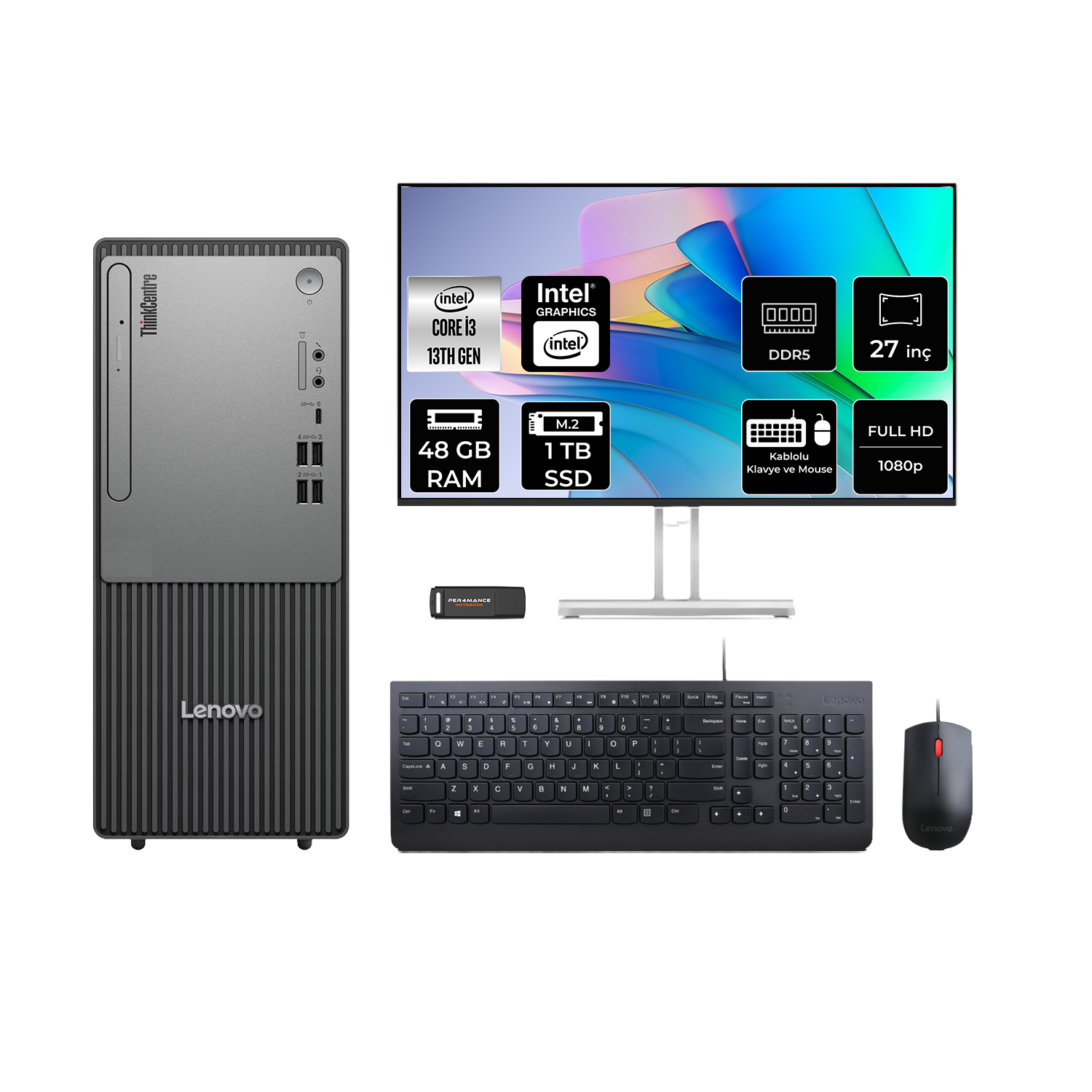 LENOVO ThinkCentre Neo 50T 27" 12UB0009TRP910 PER4 Bellek Intel Core i3-13100 48 GB RAM 1 TB SSD FreeDOS Masaüstü Bilgisayar