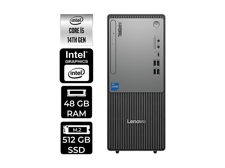 LENOVO ThinkCentre Neo 50T 12UAS1CF00P309 PER4 Bellek Intel Core i5-14400 48 GB RAM 512 GB SSD FreeDOS Masaüstü Bilgisayar