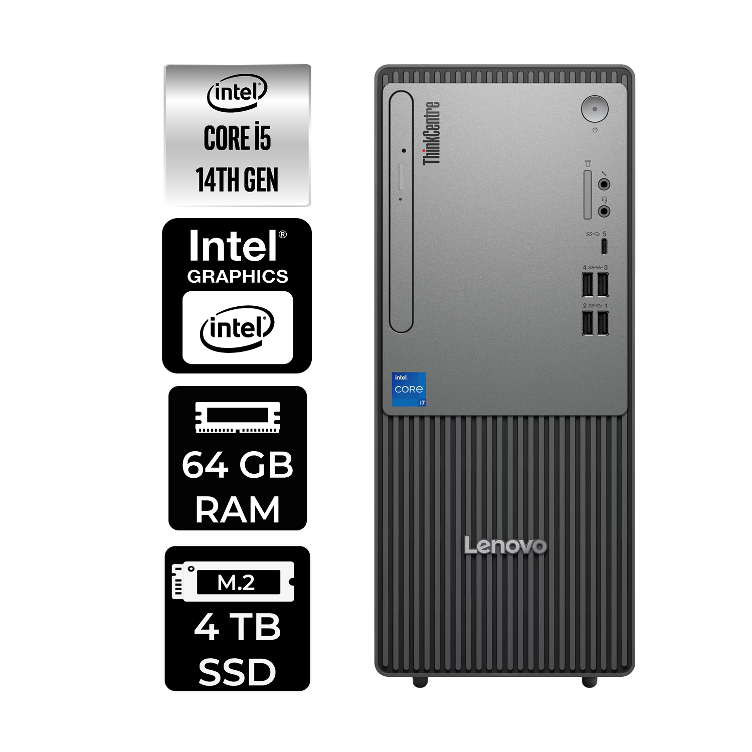 LENOVO ThinkCentre Neo 50T 12UAS1CF00P316 PER4 Bellek Intel Core i5-14400 64 GB RAM 4 TB SSD FreeDOS Masaüstü Bilgisayar