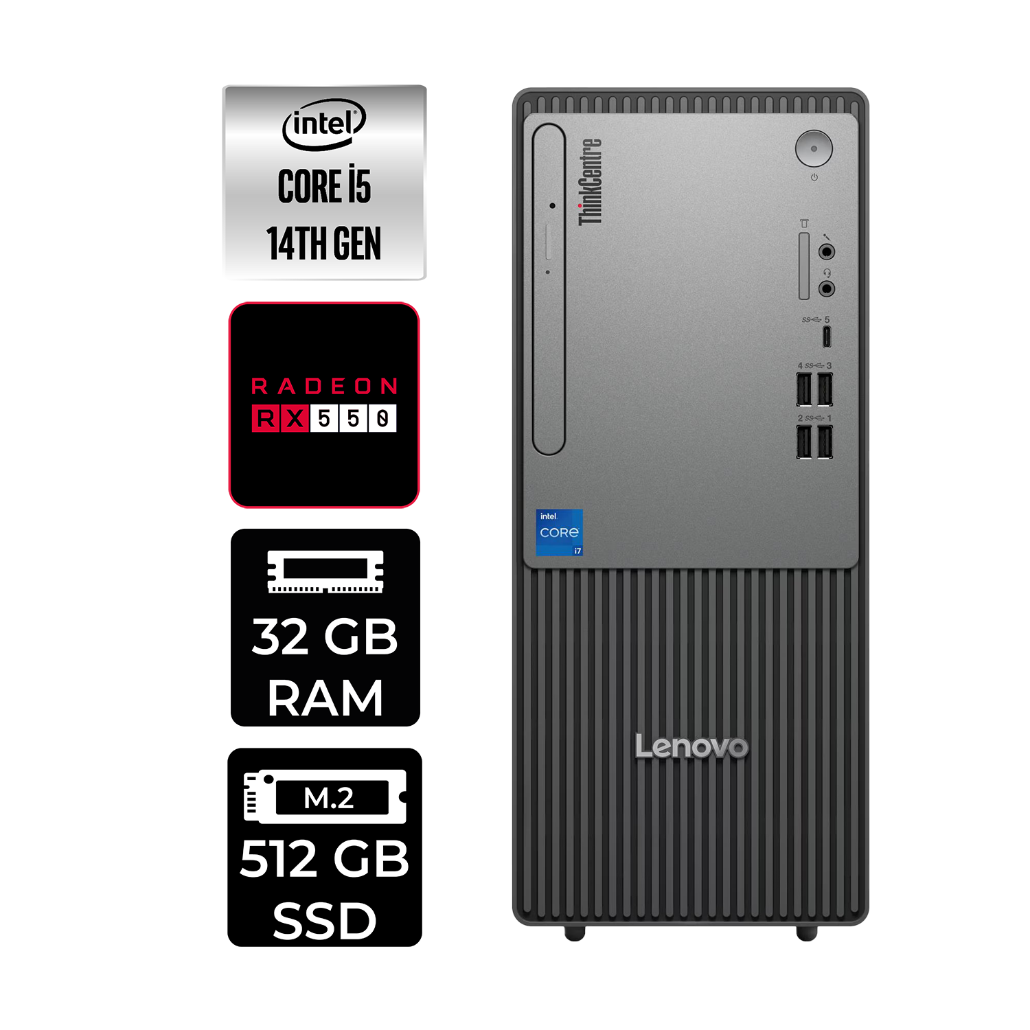 Intel Core i5 14. Nesil, Radeon RX 550, 32 GB RAM, 512 GB SSD'li Lenovo ThinkCentre masaüstü bilgisayar.