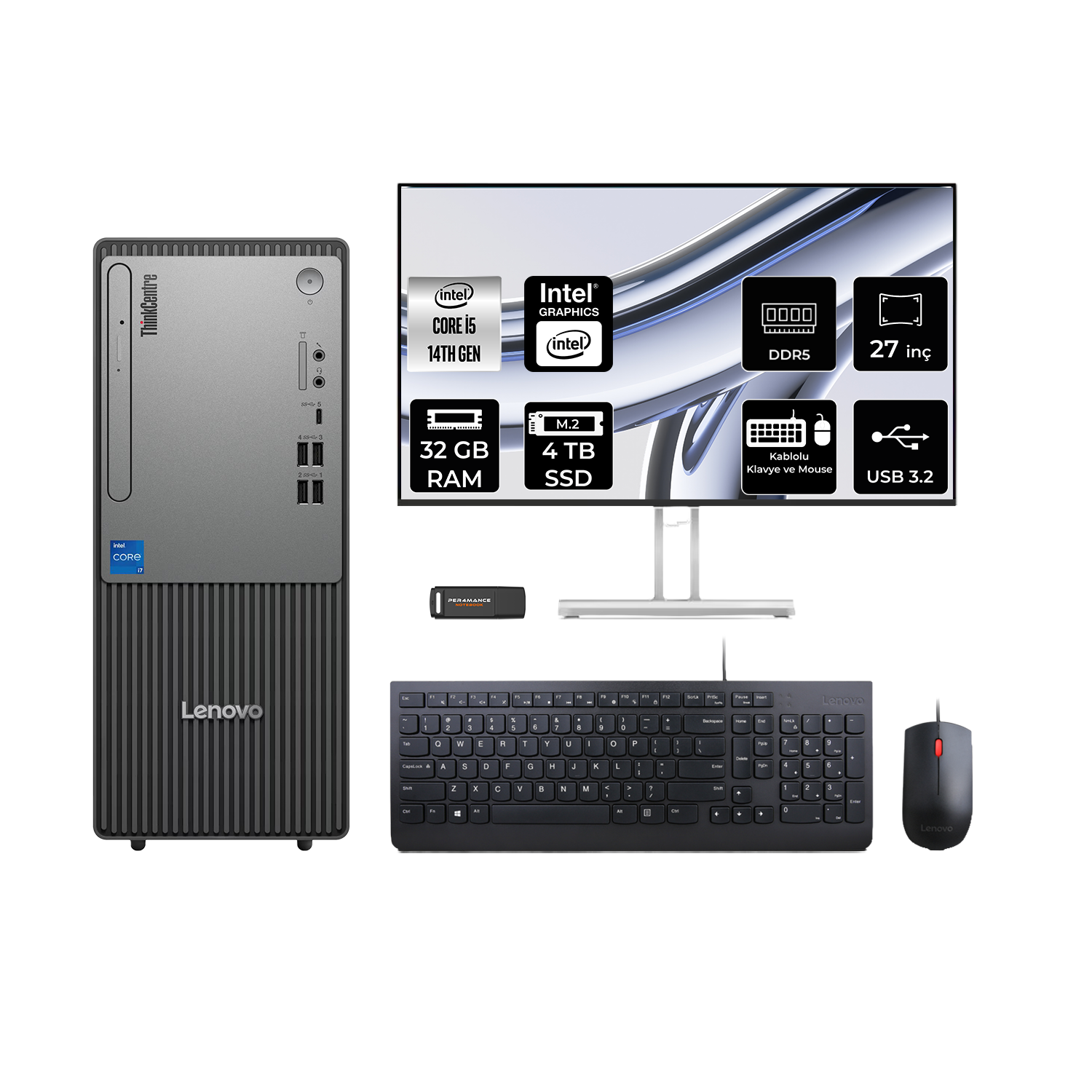 LENOVO ThinkCentre Neo 50T 27" 12UAS1CF00P908 PER4 Bellek Intel Core i5-14400 32 GB RAM 4 TB SSD FreeDOS Masaüstü Bilgisayar