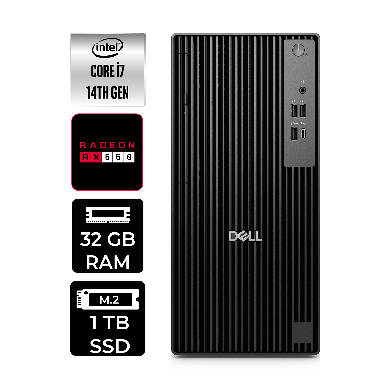 Intel Core i7 14. Nes, Radeon RX 550, 32 GB RAM, 1 TB SSD'li Dell masaüstü bilgisayar.