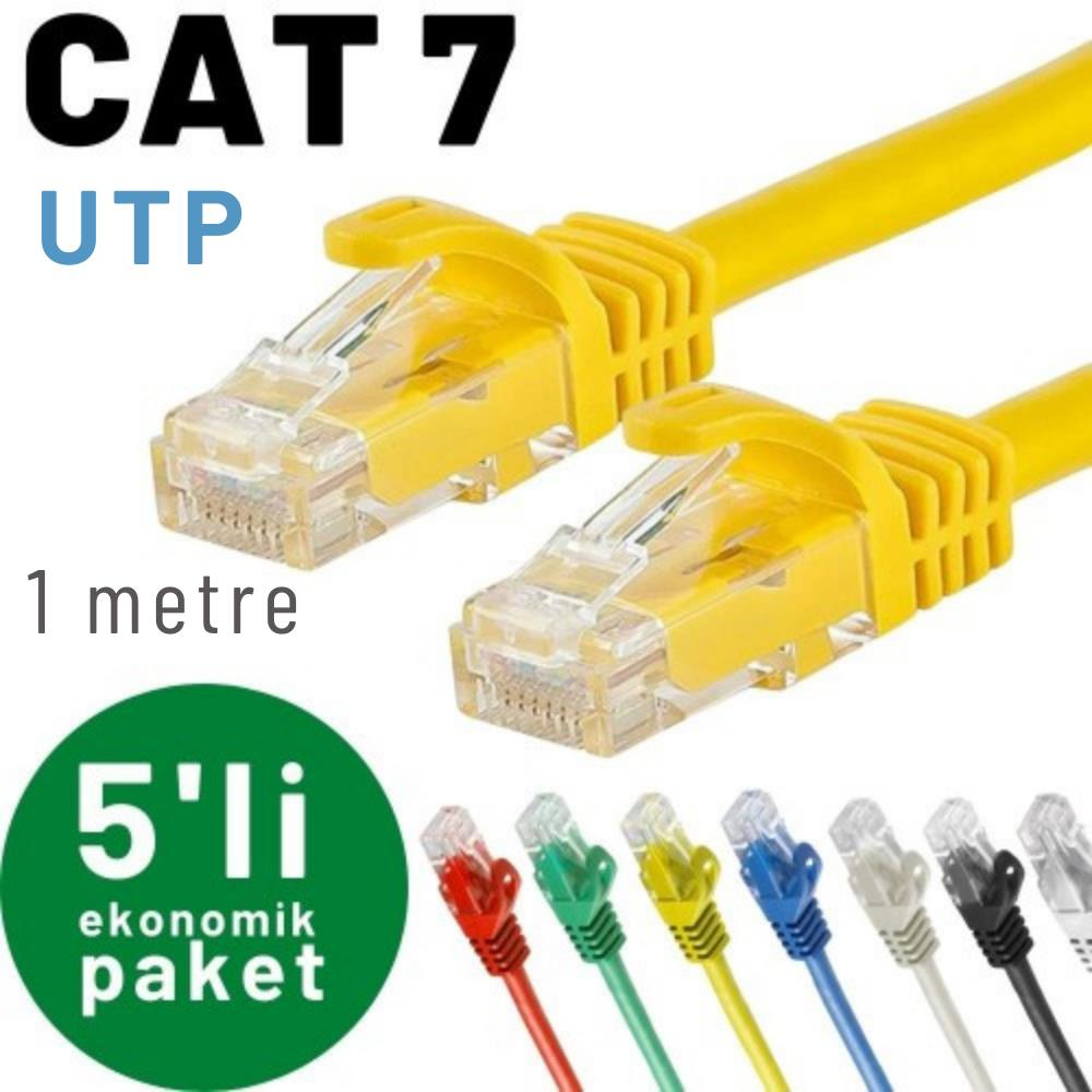 CAT 7 UTP ağ kabloları, 1 metre, 5'li paket, çeşitli renklerde.