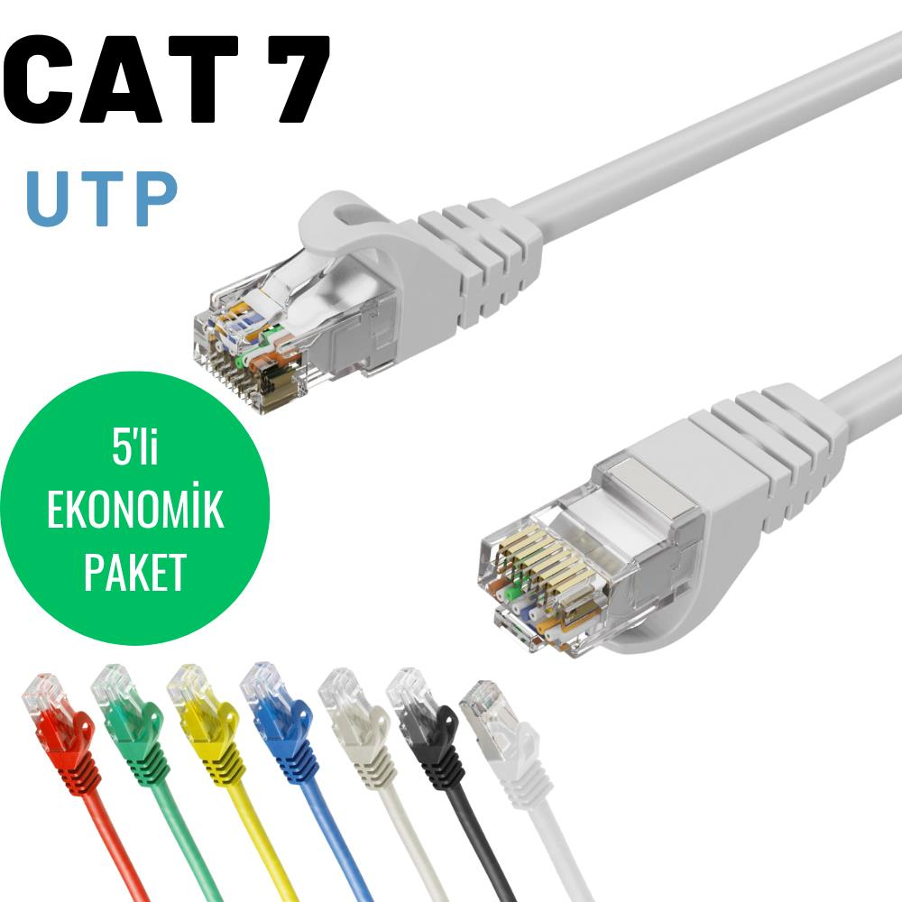 CAT 7 UTP kabloları kırmızı, yeşil, sarı, mavi, gri, siyah ve beyaz.