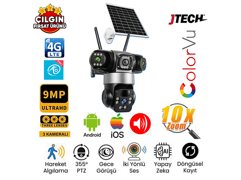 O-KAM OK-302 Premium 3x3MP AOV 9MP 4G Sim Kartlı Solar Panelli 3 Kameralı 1 PTZ Akıllı Kamera Gümüş