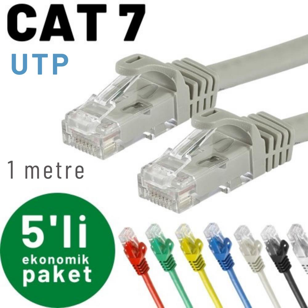 İki gri CAT 7 UTP kablo, 1 metre, renkli konnektör seçenekleriyle.