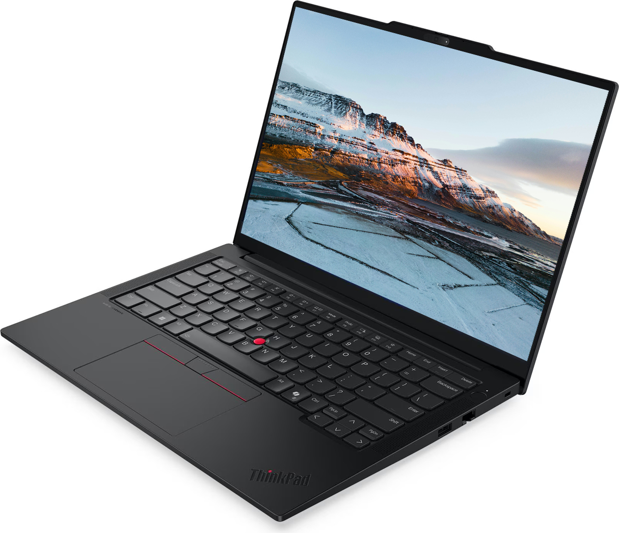 Açık siyah bir ThinkPad dizüstü bilgisayar ekranında karlı dağ manzarası görünüyor.