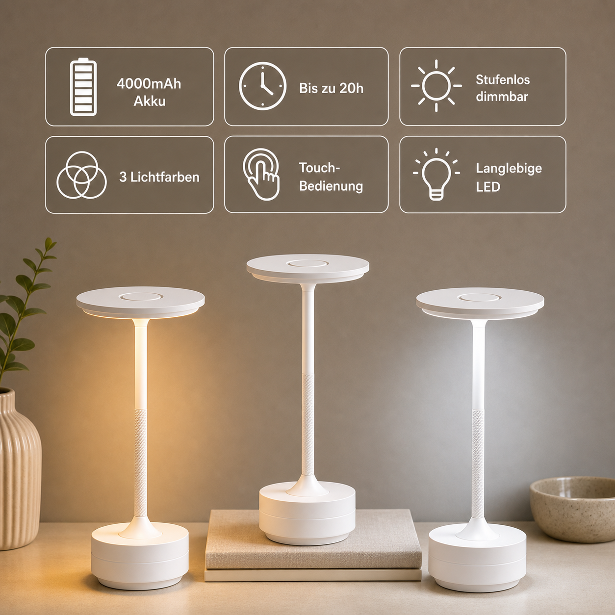 Drei weiße Lampen mit Touch-Bedienung, 4000mAh Akku, bis zu 20h, dimmbar.