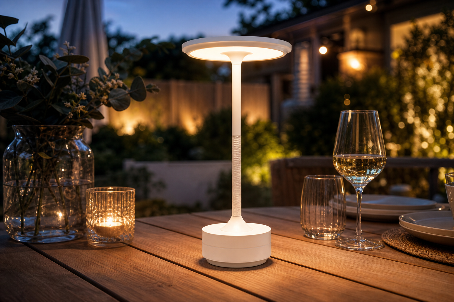 Eine weiße Tischlampe beleuchtet einen für das Abendessen im Freien gedeckten Tisch in der Dämmerung.