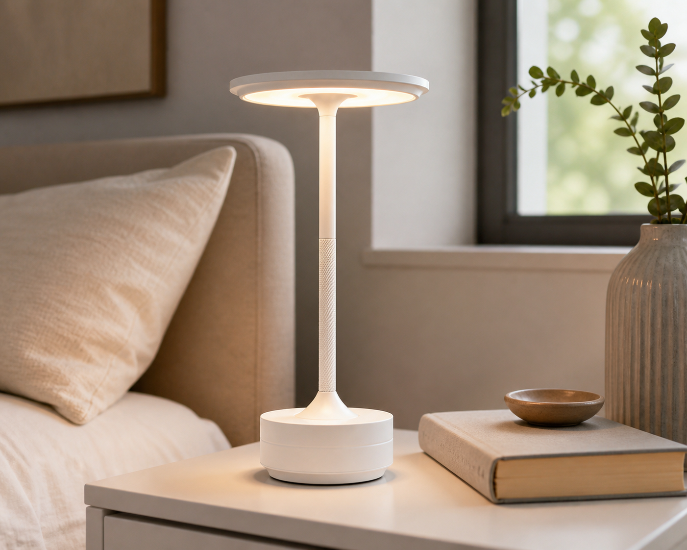 Eine moderne weiße Lampe leuchtet auf einem Nachttisch neben Bett, Buch und Vase.