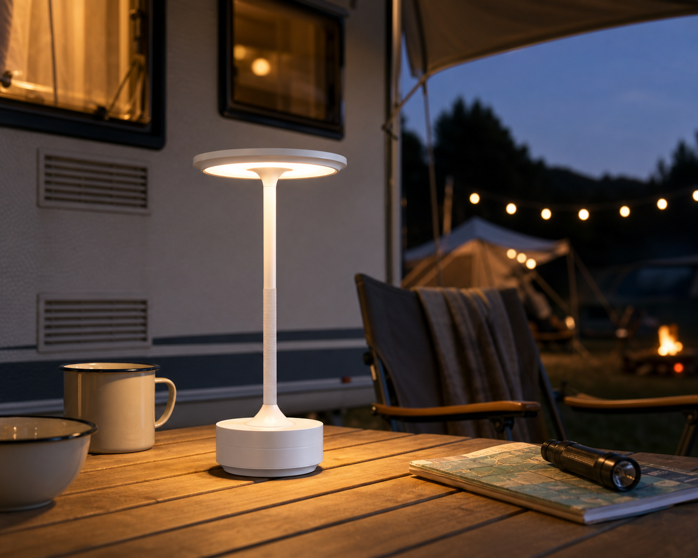 Eine weiße Lampe leuchtet auf einem Holztisch im Freien. Tasse, Schüssel, Karte, Taschenlampe.