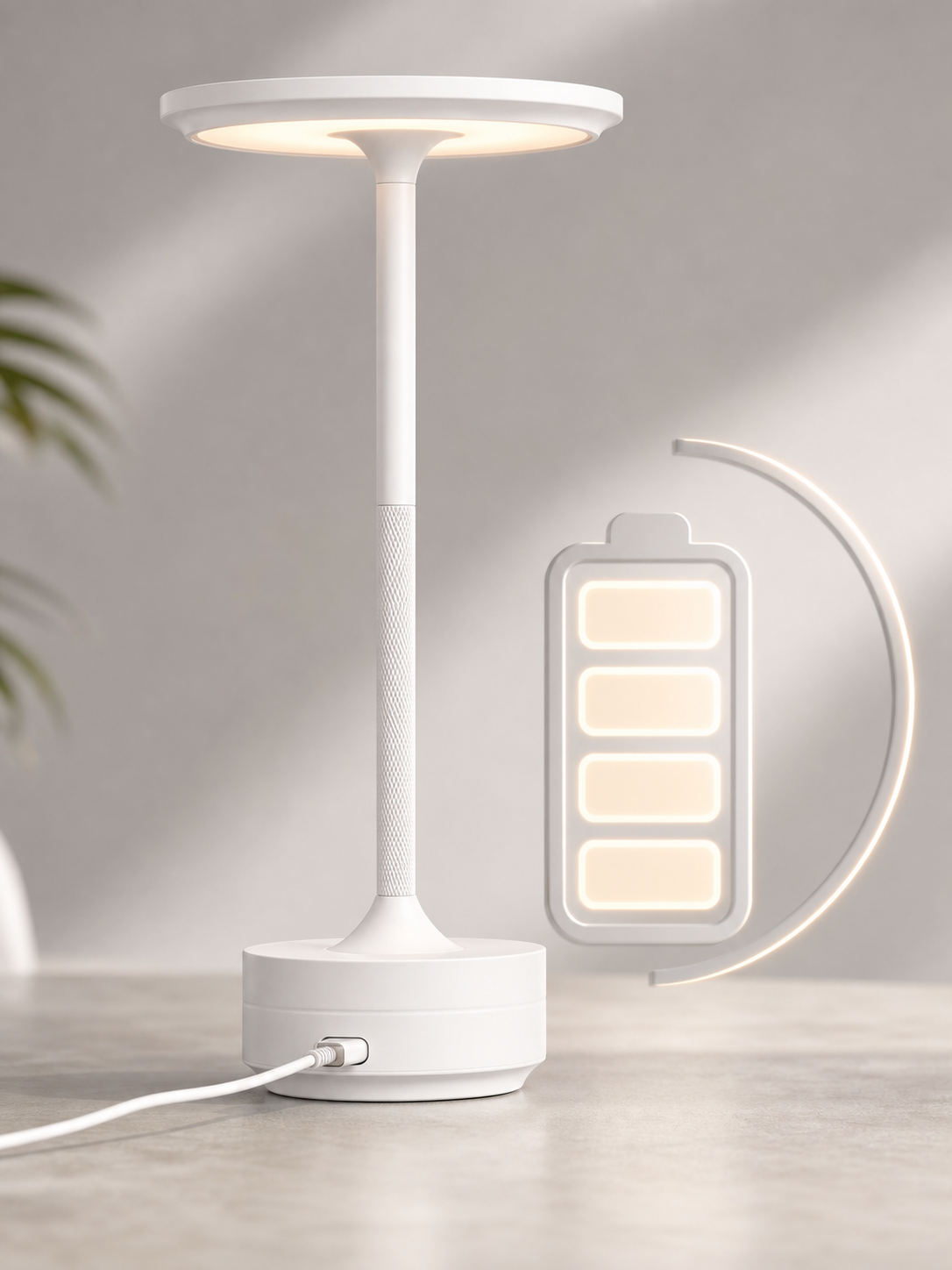 Eine weiße Lampe mit einem USB-Kabel und einer Batterieanzeige.
