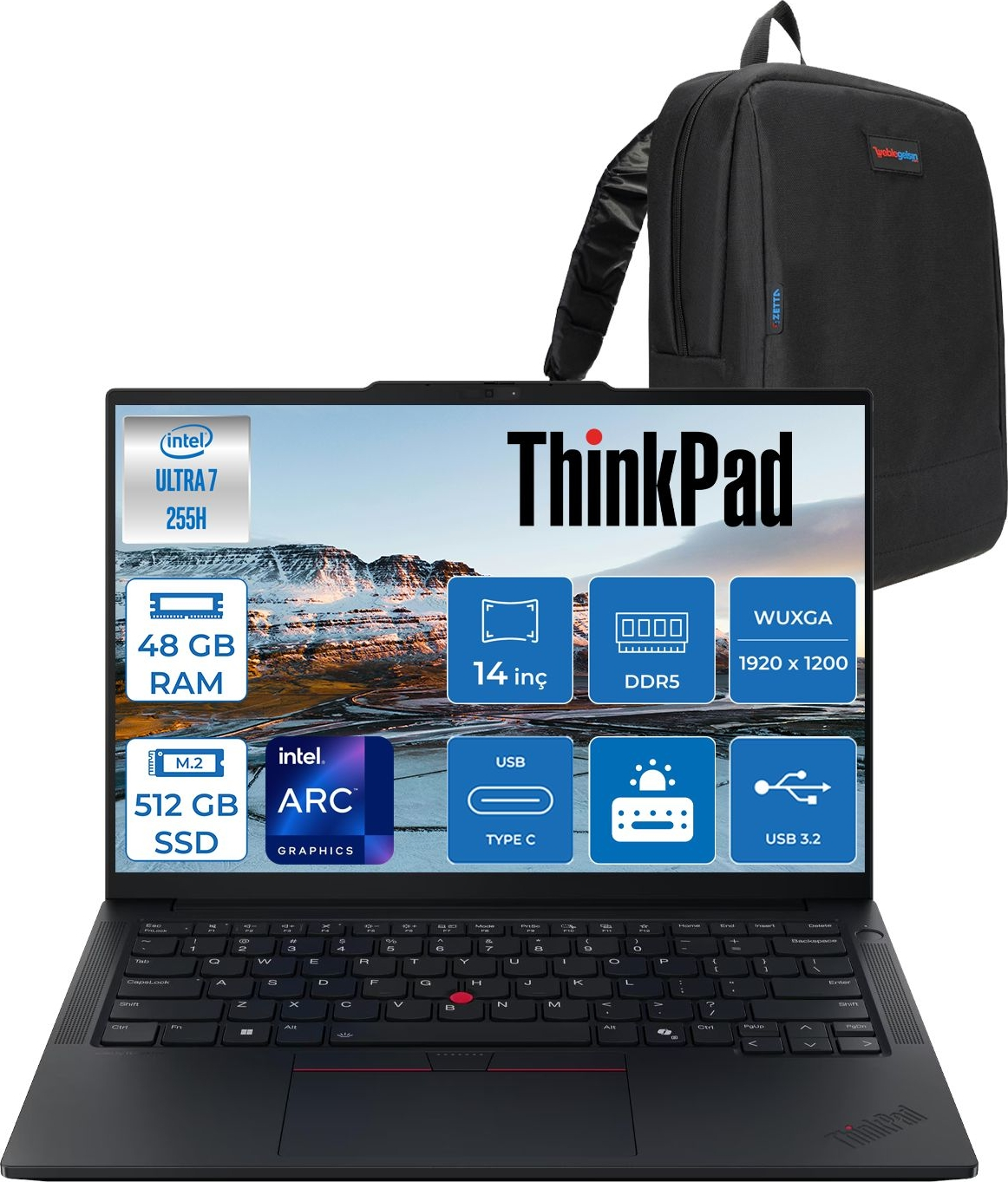 LENOVO Thinkpad E14 G7 AI T21SX007CTXF12 Intel Core Ultra 7 255H 48 GB RAM 512 GB SSD 14 inç FreeDOS Laptop+Çanta Siyah