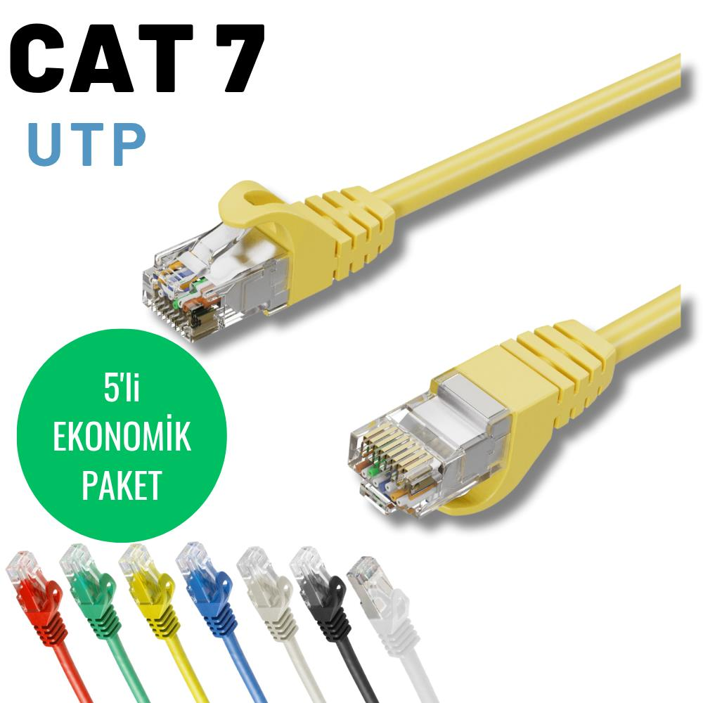 Sarı CAT 7 UTP kablo RJ45 konnektörlü, altında çok renkli kablolar.