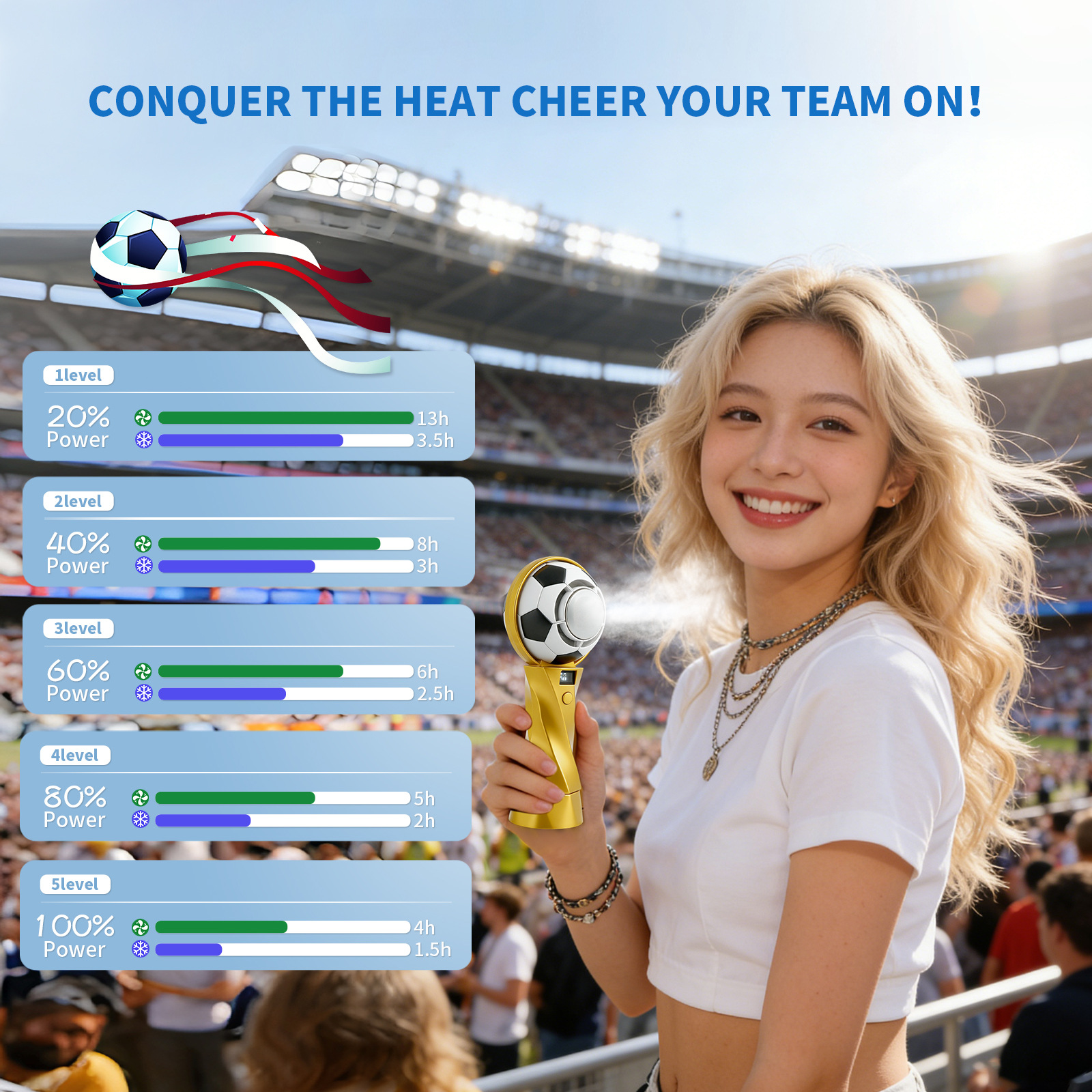 Eine Frau mit blonden Haaren hält einen goldenen Ventilator im Fußball-Design in einem Stadion.