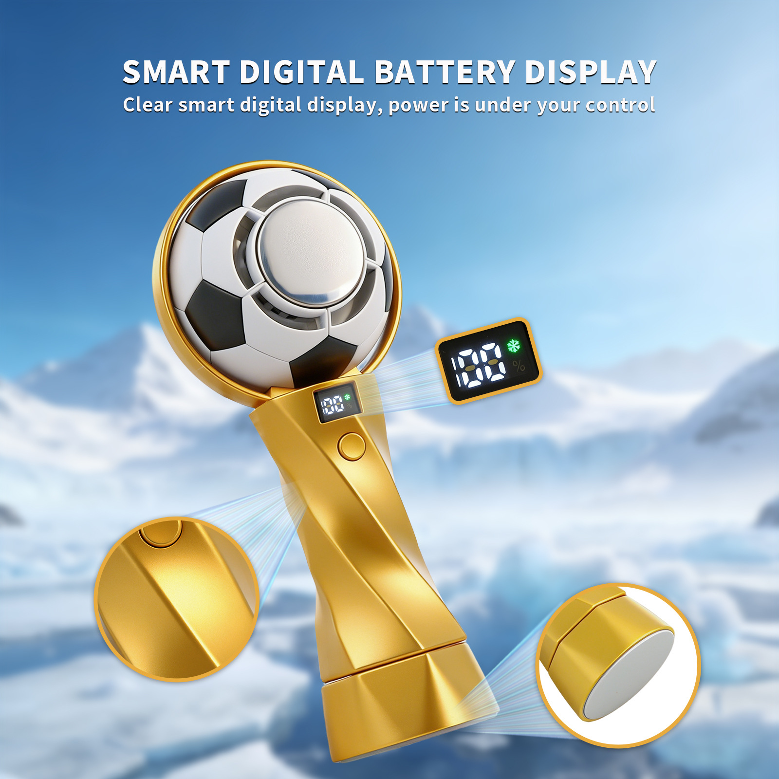 Goldener Ventilator mit Fußball-Design, zeigt 100% Akku auf dem Bildschirm.