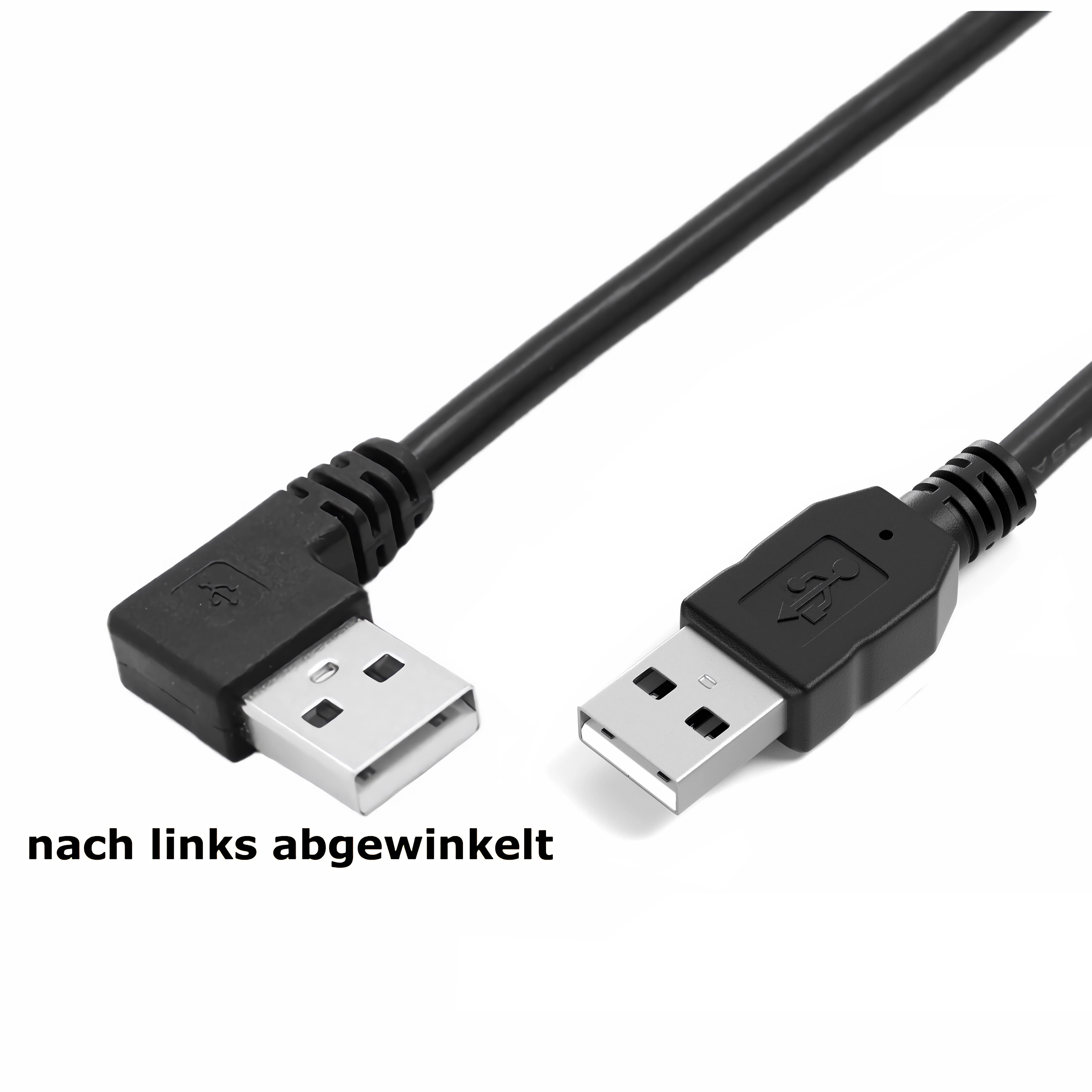 Zwei schwarze USB-Kabel auf weißem Hintergrund, eines mit rechtwinkligem Stecker.