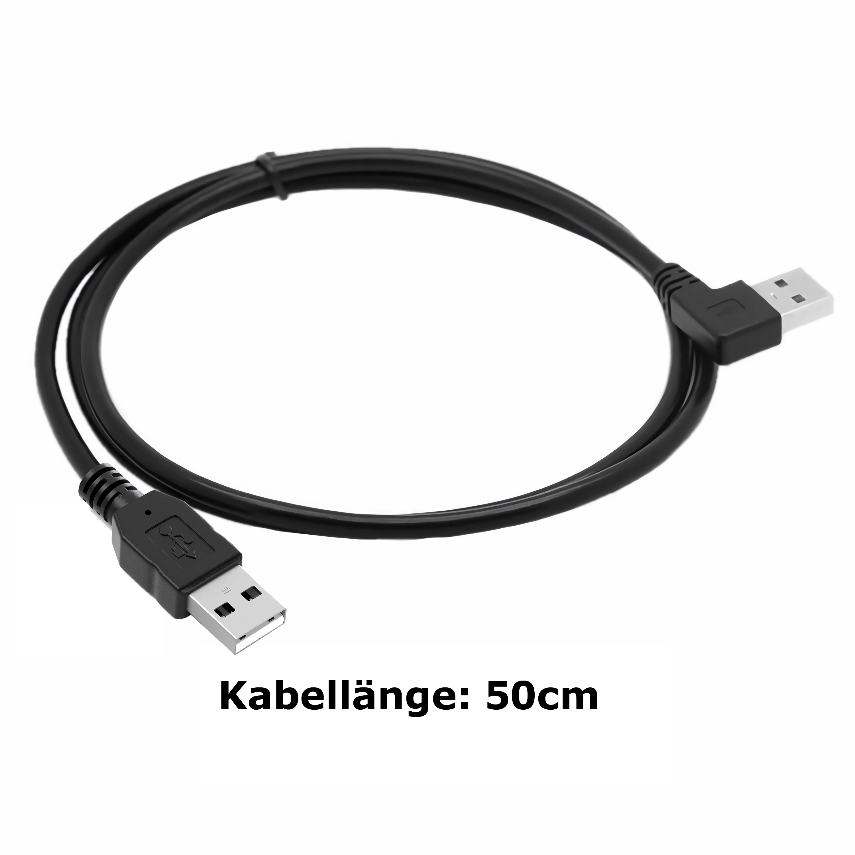 Ein schwarzes USB-Kabel mit 90-Grad-Steckern und 50cm Länge.