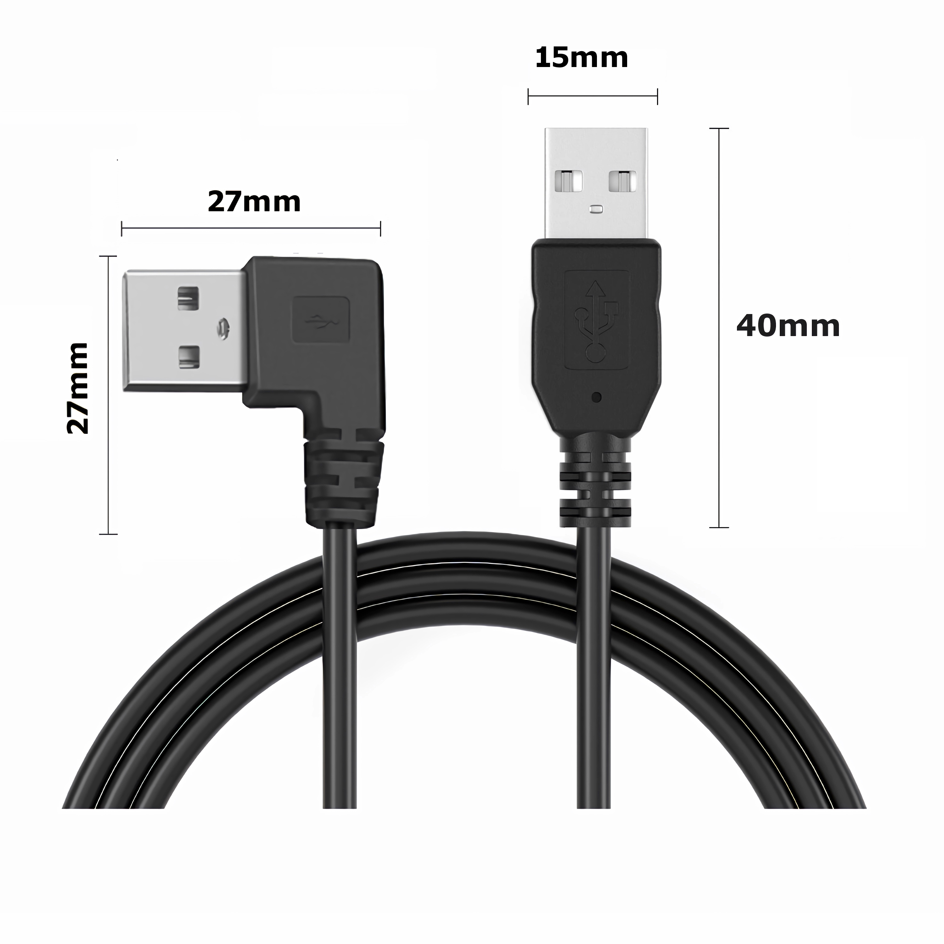 Zwei schwarze USB-Kabel mit unterschiedlichen Winkeln und Maßen.
