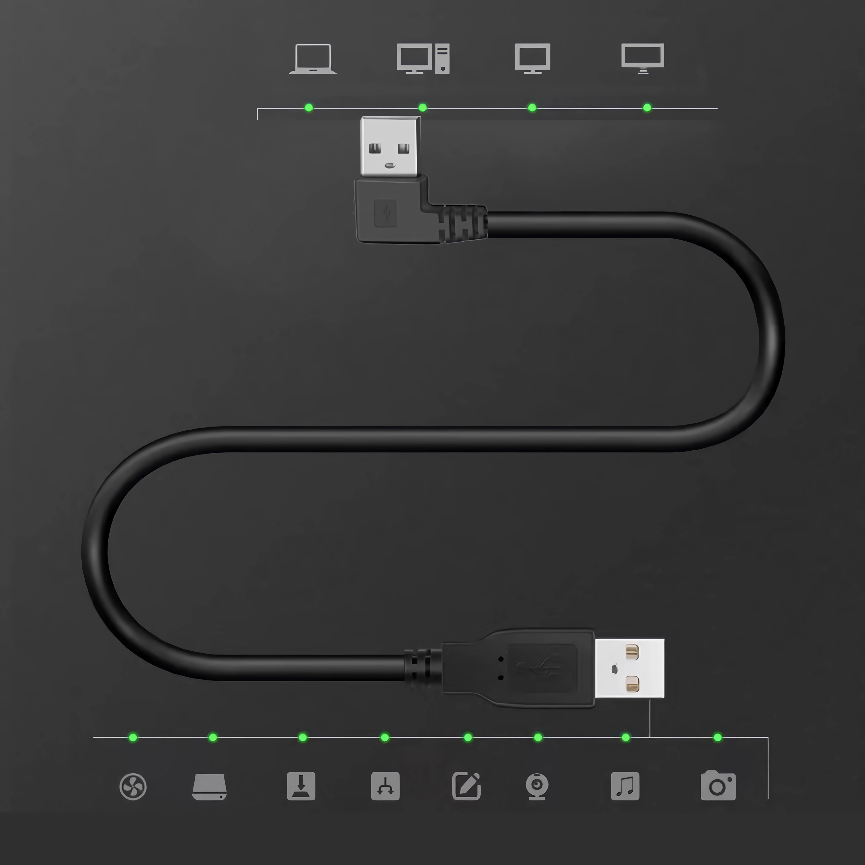 Ein schwarzes USB-Kabel mit einem abgewinkelten Stecker und einem geraden Stecker.