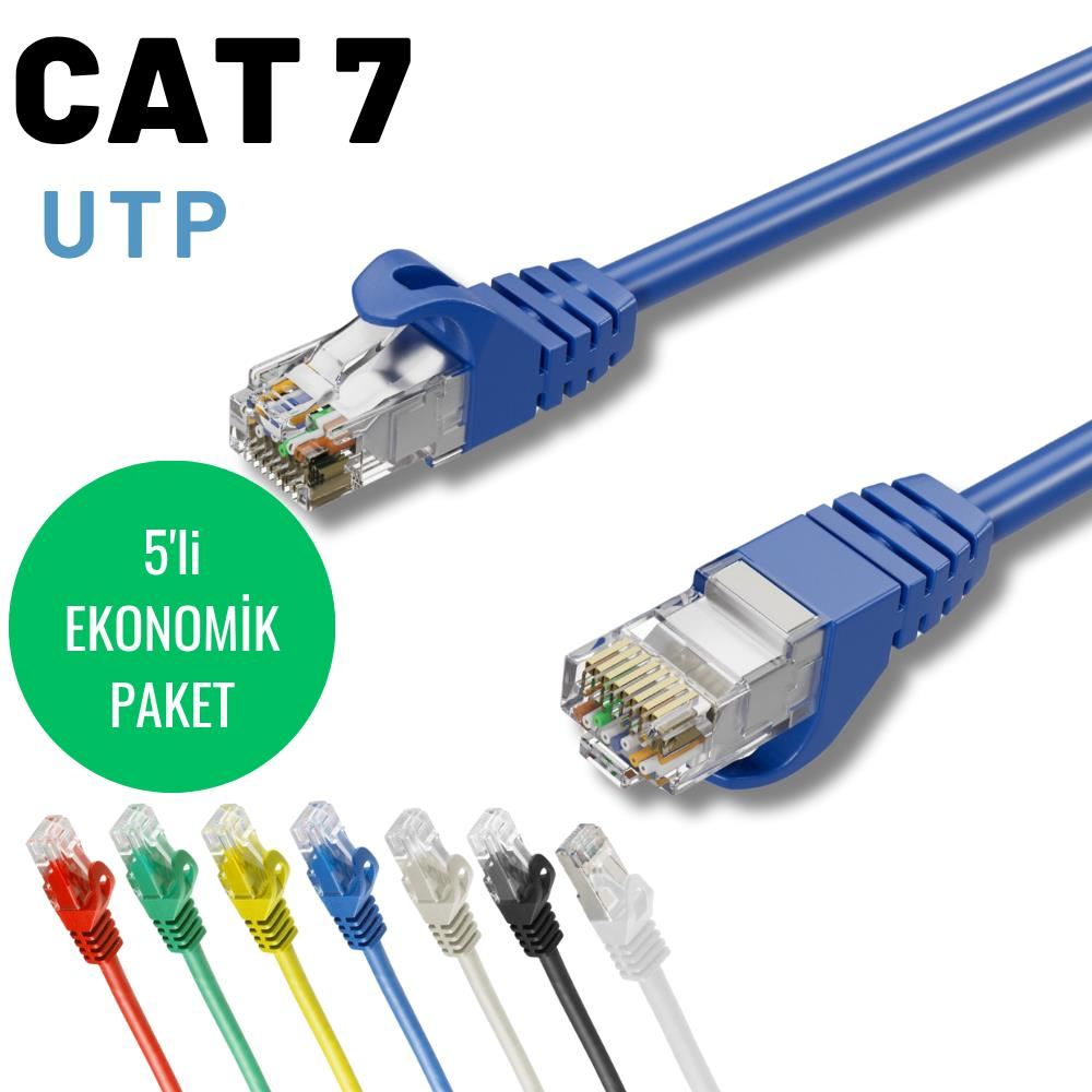CAT 7 UTP Ethernet kabloları kırmızı, yeşil, sarı, mavi, gri, siyah, beyaz.