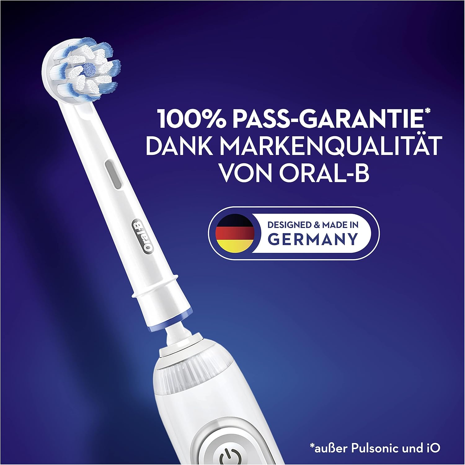 Elektrische Zahnbürste von Oral-B, weiß mit blauen Borsten, Made in Germany.