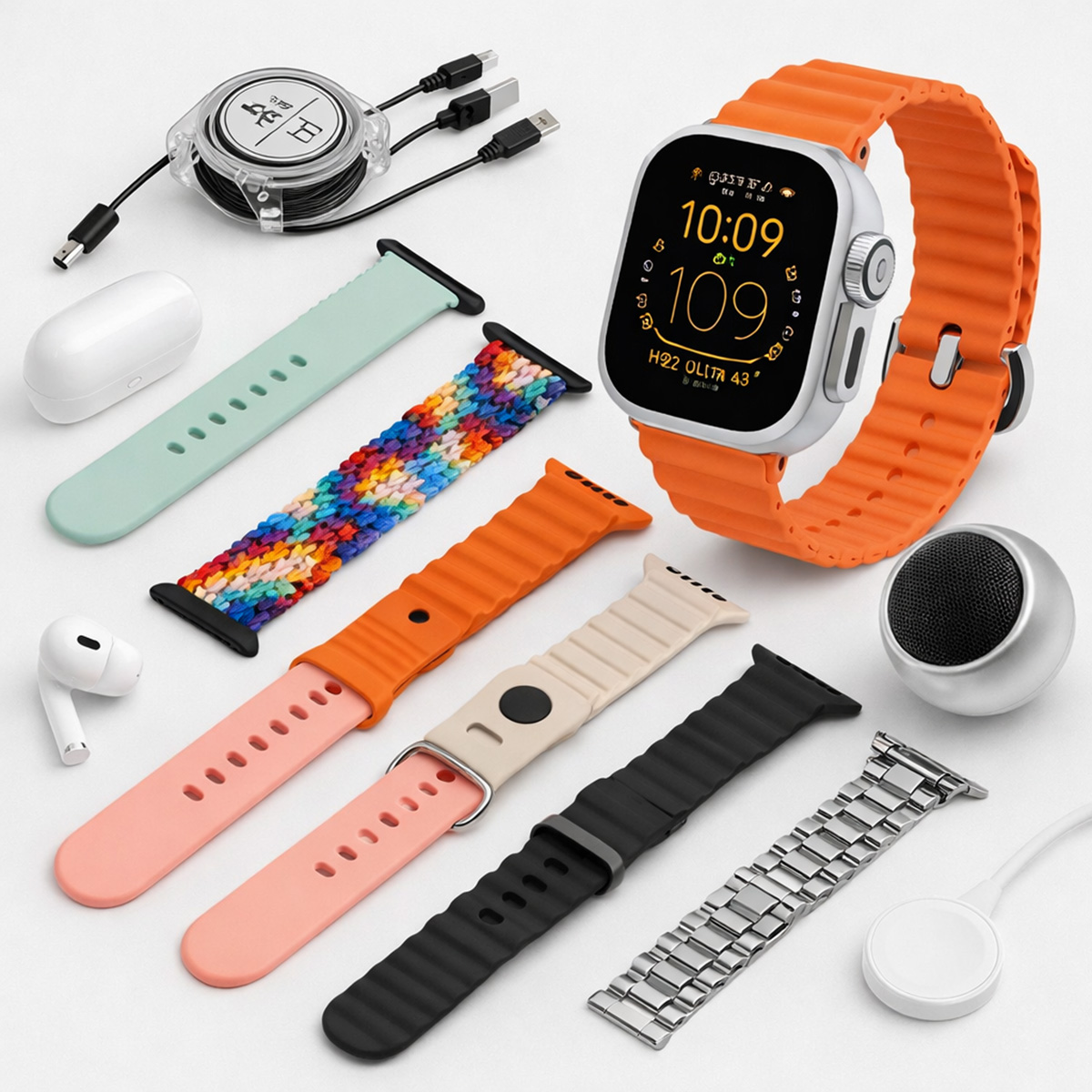 Un reloj inteligente con correa naranja, cable de carga, audífonos y correas extra.