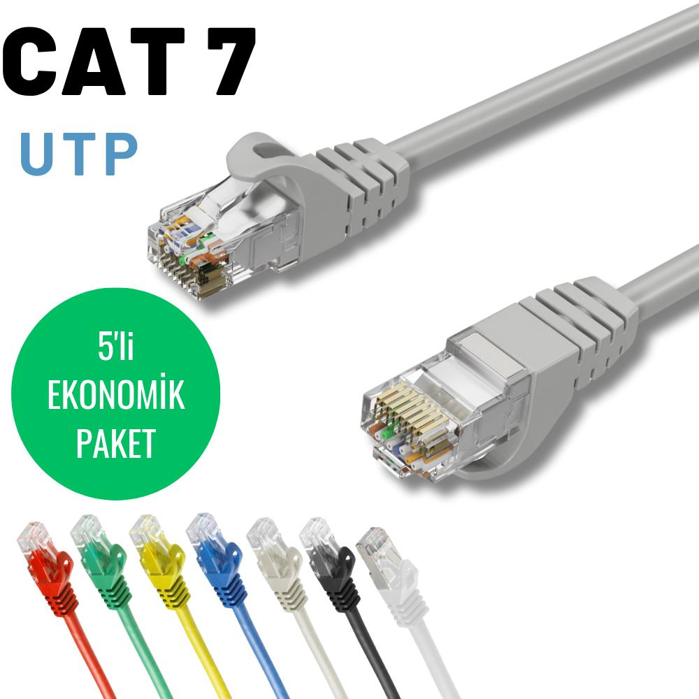 Çeşitli renklerde CAT 7 UTP Ethernet kabloları ve gri bir kablo.