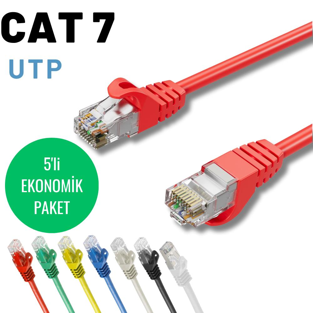 RJ45 konnektörlü kırmızı CAT 7 UTP kablolar, altta renkli kablo dizisi.