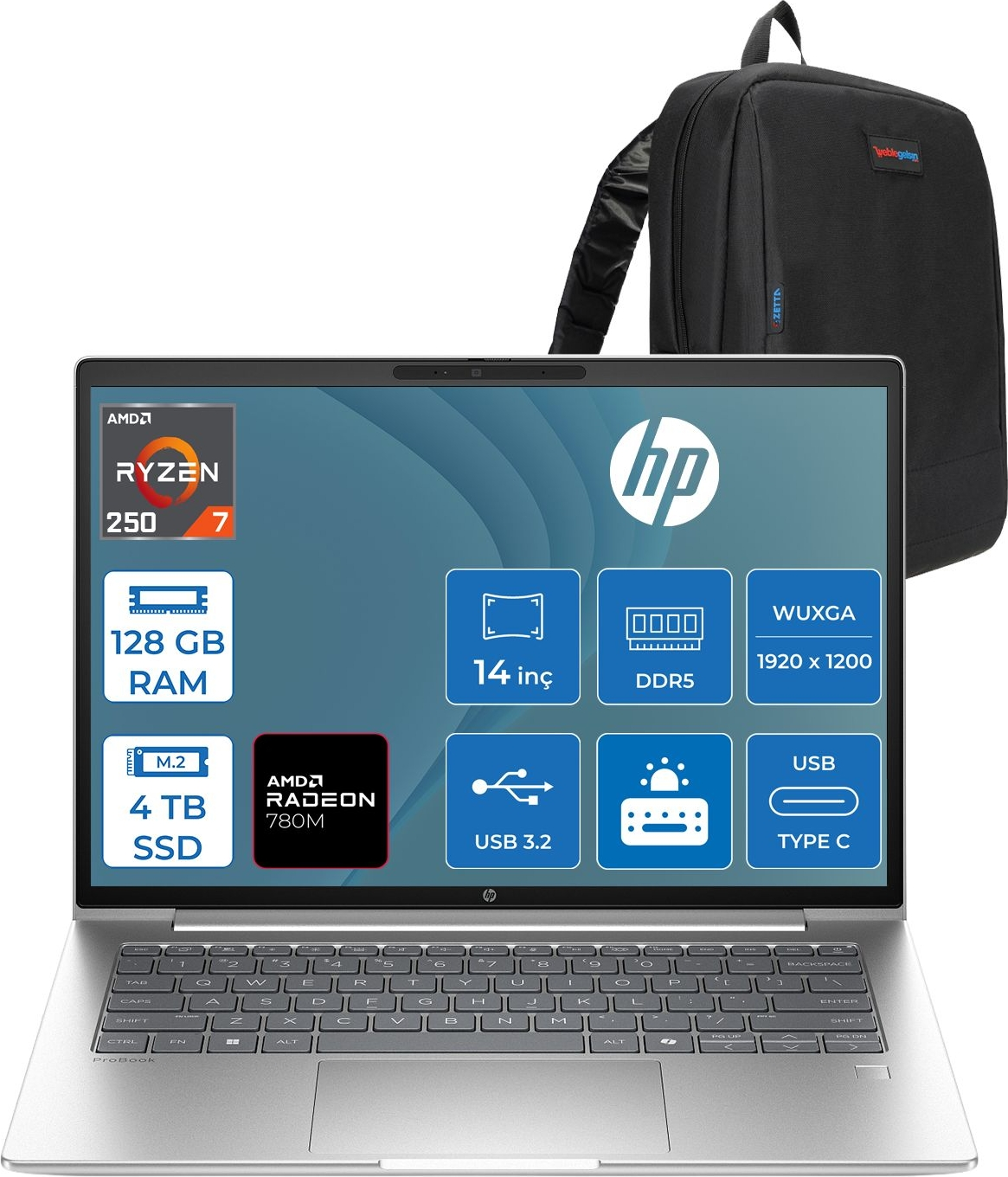 HP ProBook 4 G1A 14 Radeon 780M 1920x1200 D36KHETF40 AMD Ryzen 7 250 128 GB RAM 4 TB SSD 14 inç FreeDOS Laptop+Çanta Siyah
