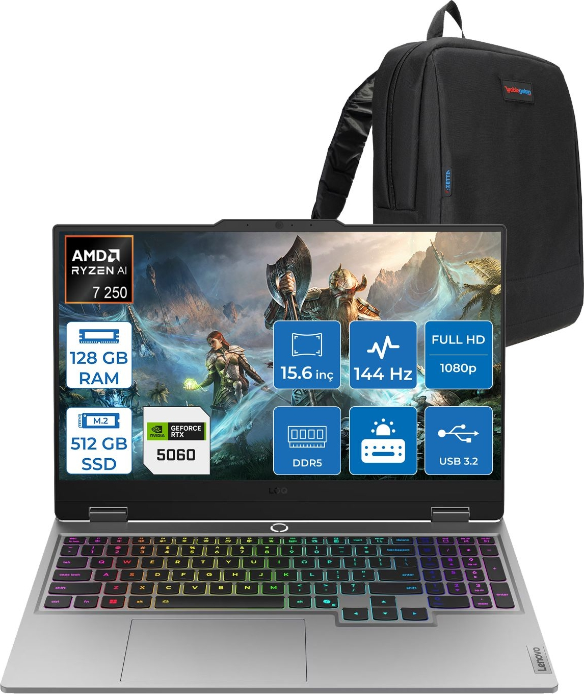 LENOVO Loq 15AHP10 AI 8GB RTX5060 IPS 83JG008UTRF32 AMD Ryzen 7 250 128 GB RAM 512 GB SSD 15,6 inç FreeDOS Laptop+Çanta Siyah
