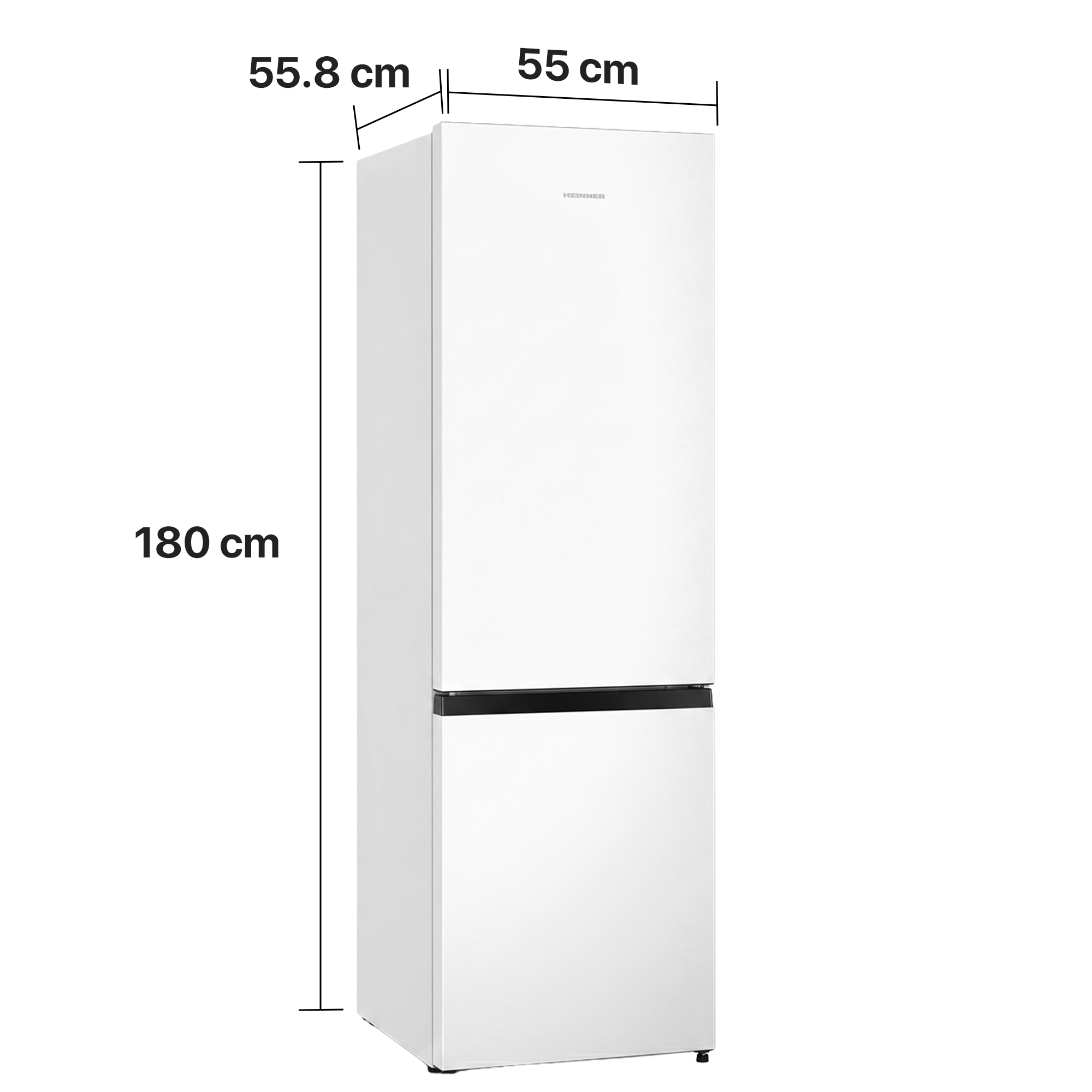 A white refrigerator with dimensions 180 cm height, 55.8 cm depth, and 55 cm width.