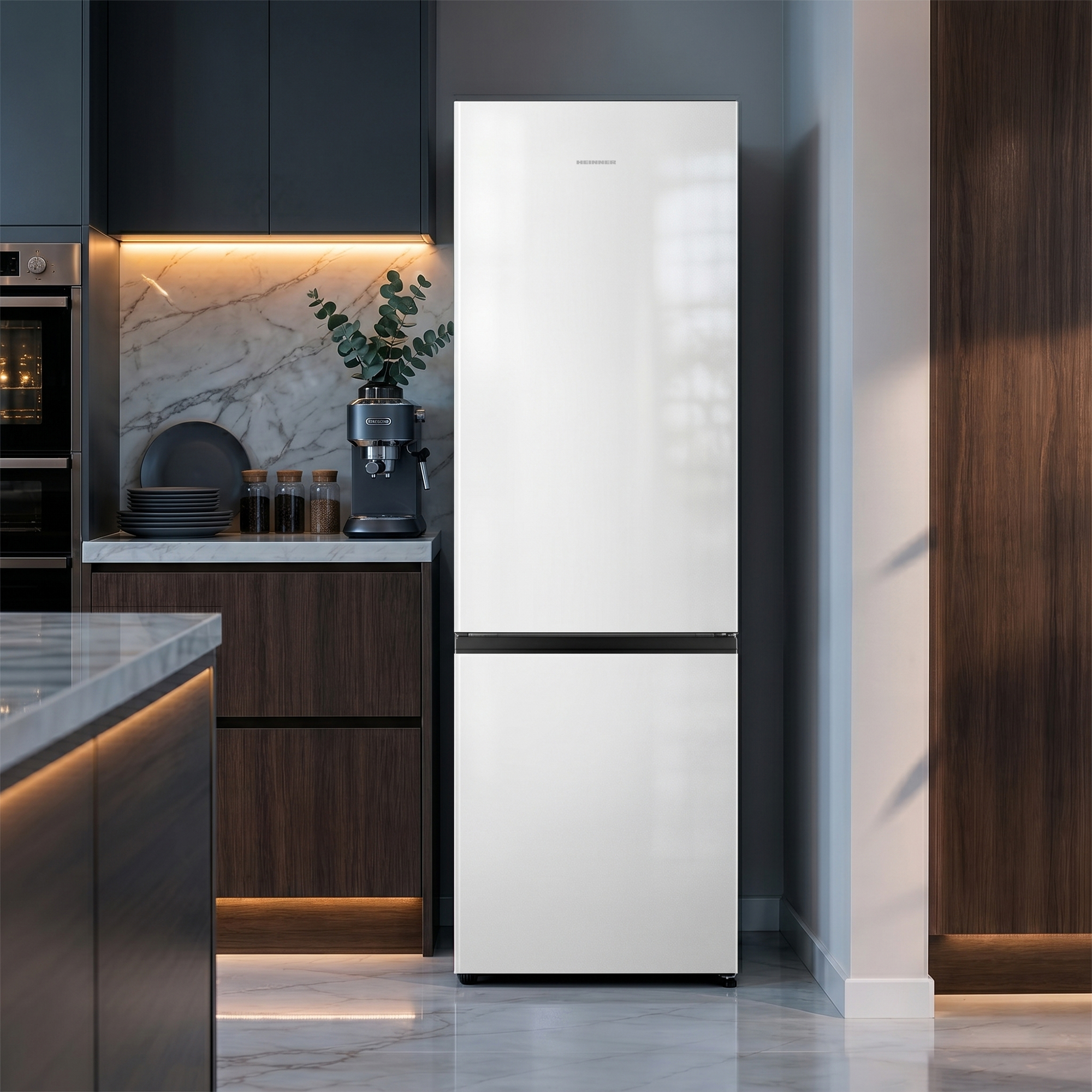 A white refrigerator stands in a modern kitchen with marble floor and dark cabinets.