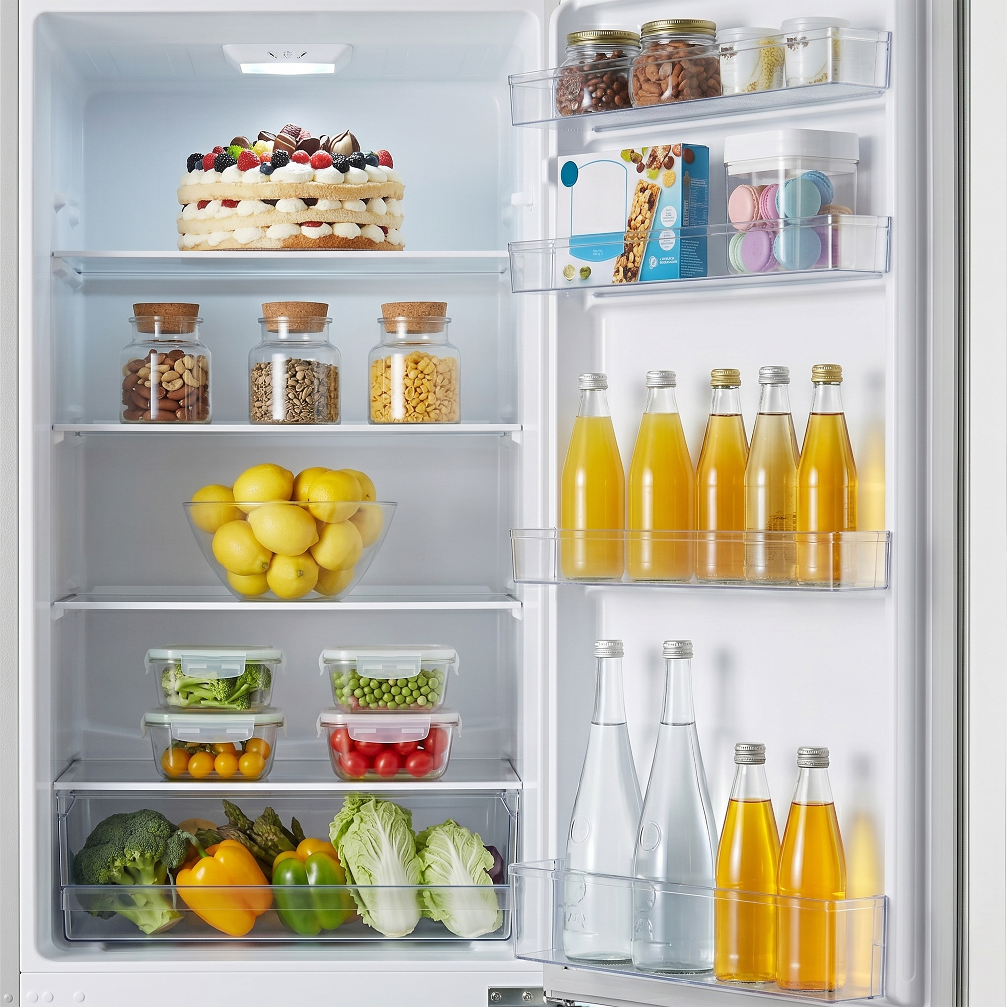 Refrigerator stocked with cake, fruits, vegetables, and drinks.