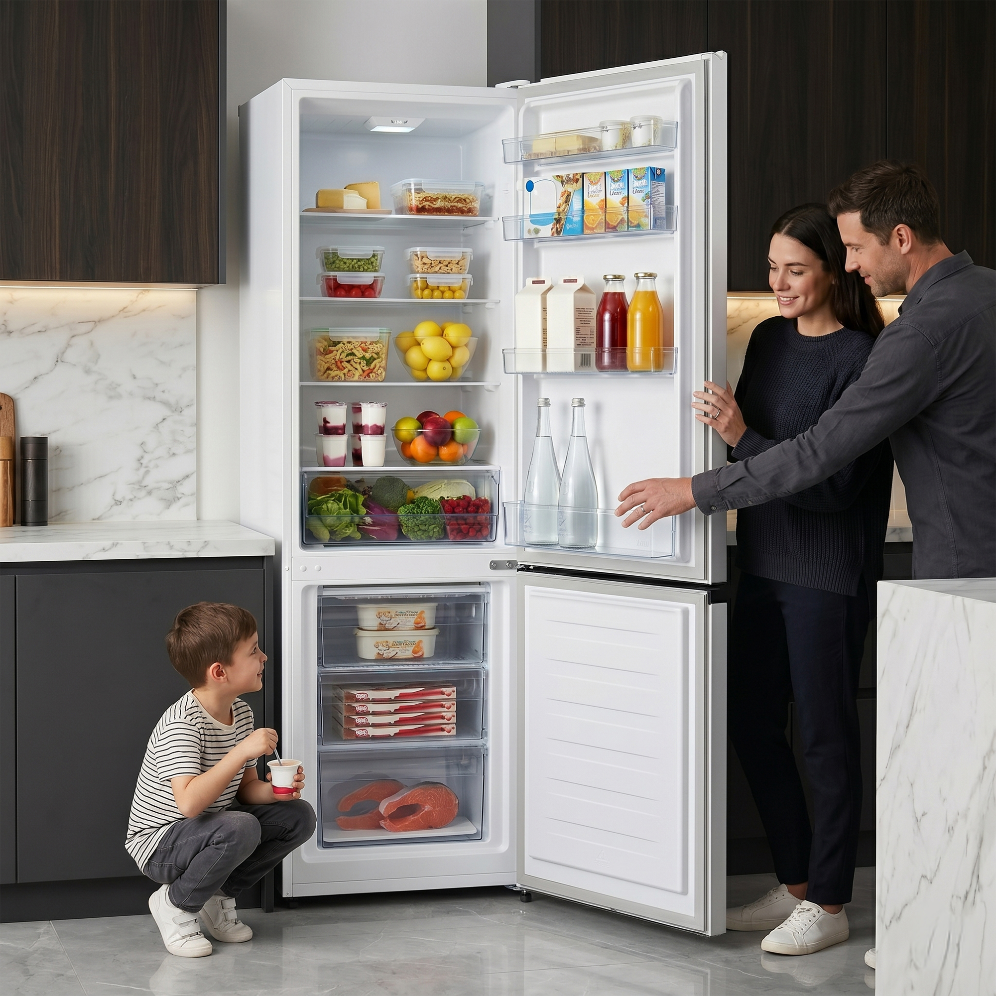 A boy kneels before an open refrigerator as a couple looks on from the side.
