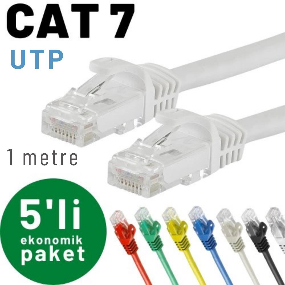 CAT 7 UTP ağ kabloları, 1 metre, çeşitli renklerde 5'li paket.