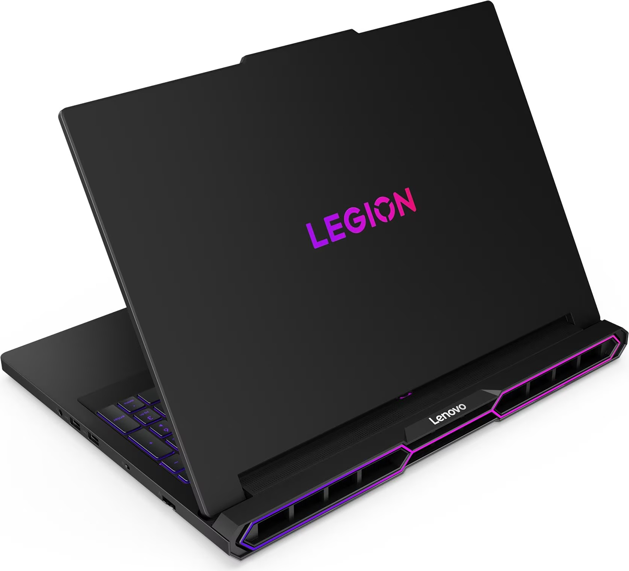 Işıklı 'LEGION' logosu ve klavyeli siyah dizüstü bilgisayar.