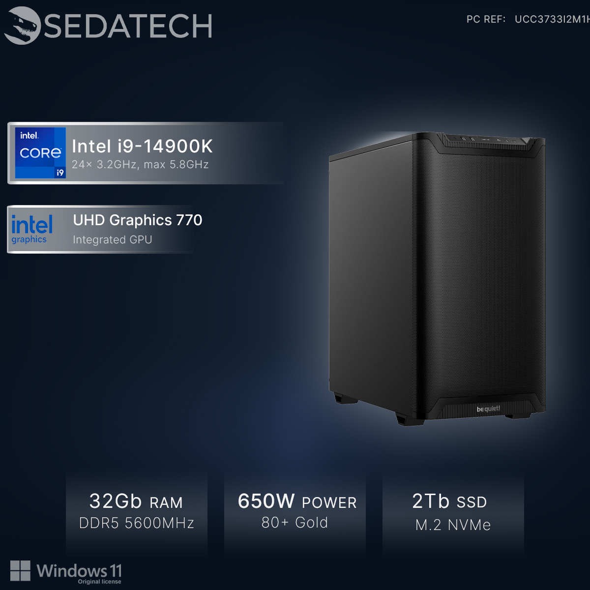 Czarna obudowa PC z Intel i9-14900K, 32GB RAM, 2TB SSD.