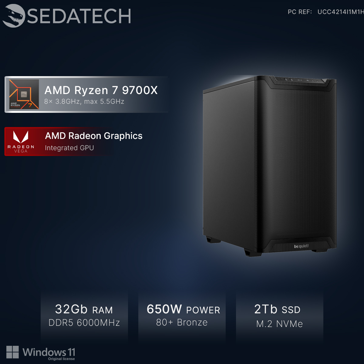 Czarna obudowa PC z AMD Ryzen 7 9700X, 32 GB RAM, zasilaczem 650W.