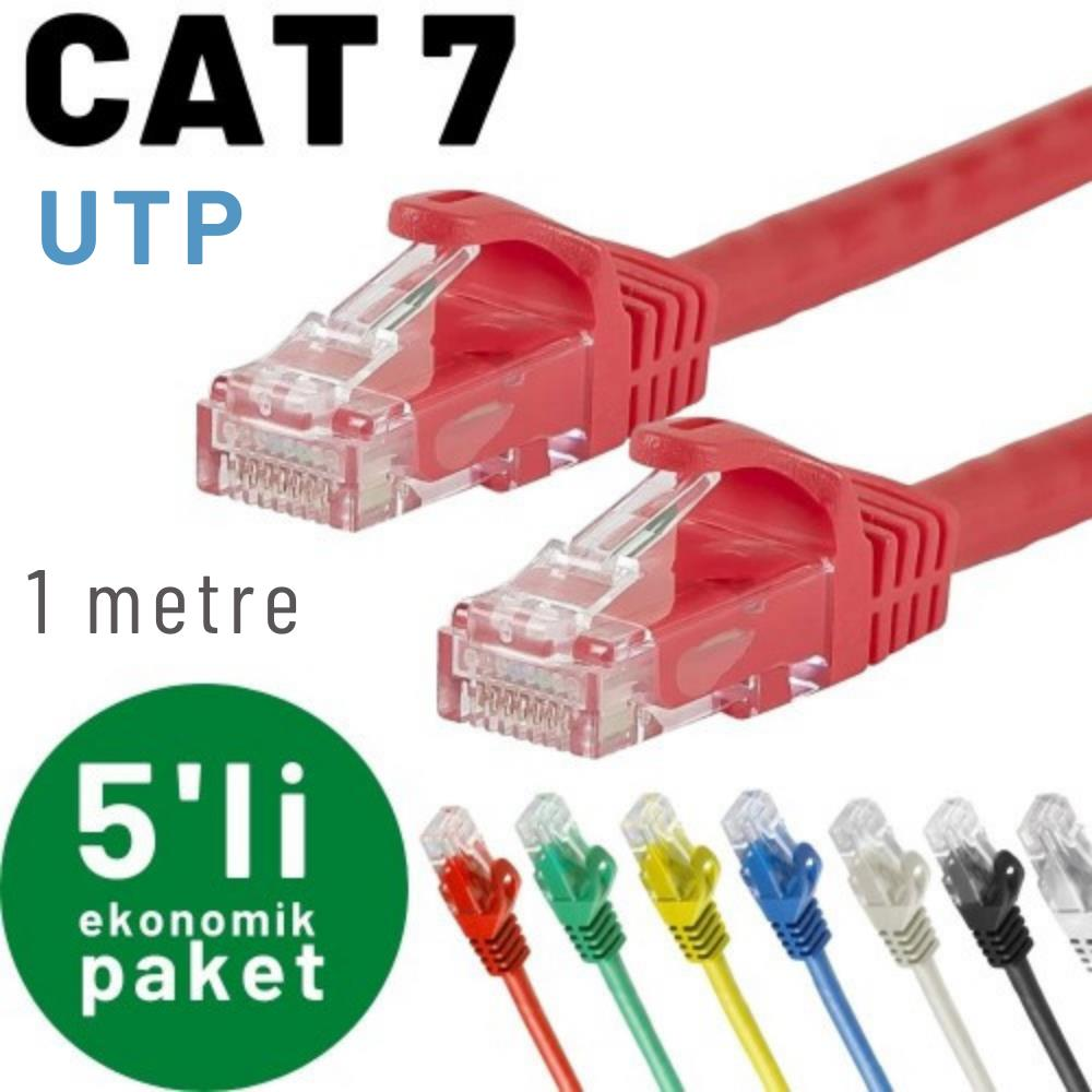 İki kırmızı CAT 7 UTP kablo, 1 metre, ve altı renkli kablo.