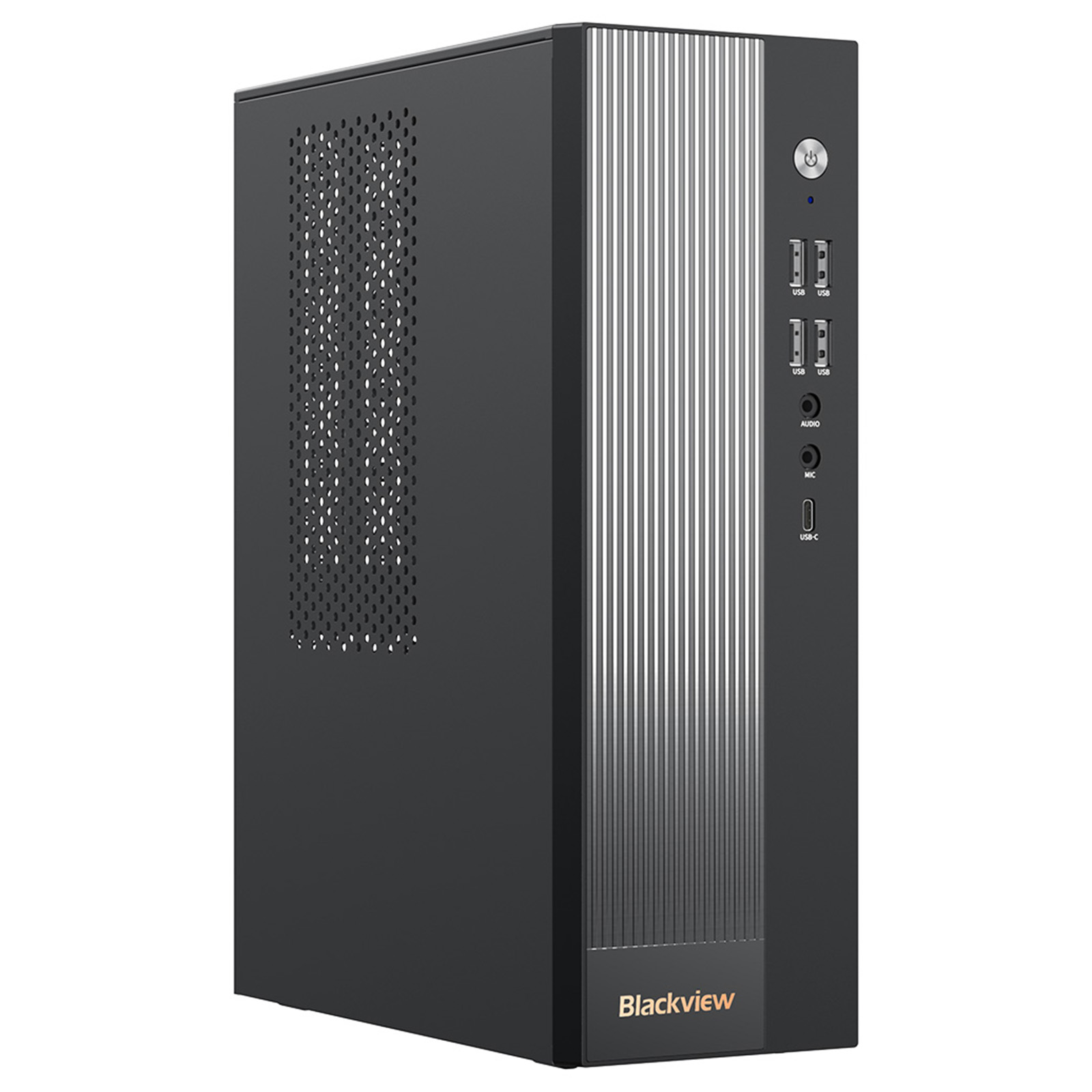 A compact black computer tower with a silver striped front panel and multiple ports.