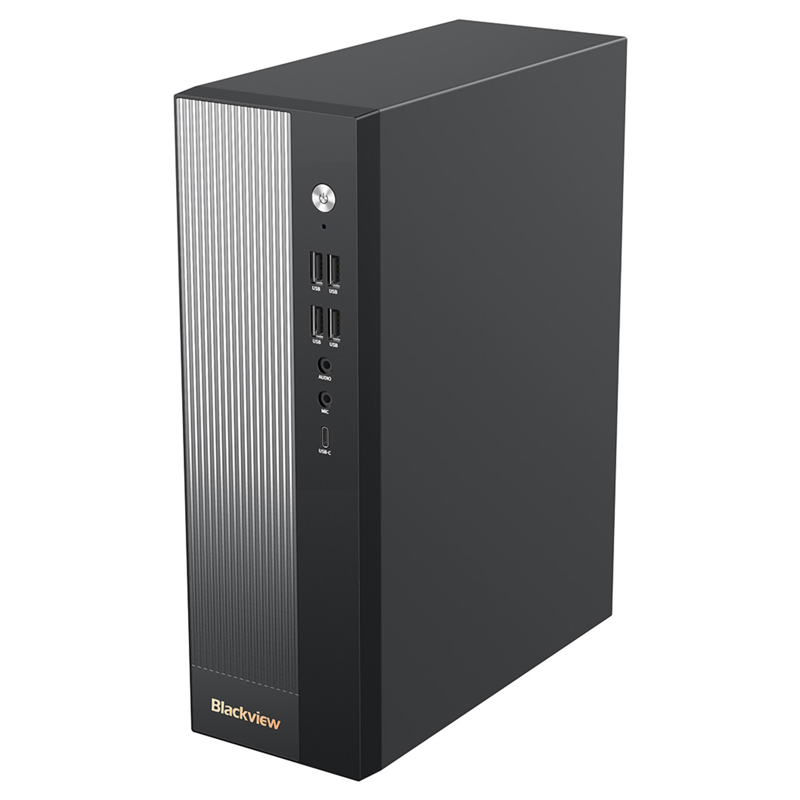 Black desktop computer with a silver front panel, USB ports, and "Blackview" logo.
