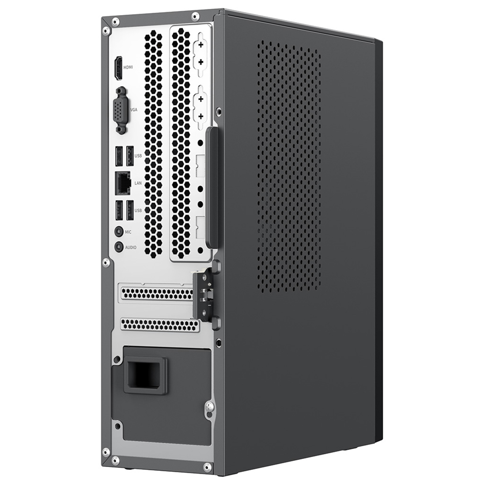 Rear view of a dark gray computer tower with ports: HDMI, VGA, USB, LAN, MIC, AUDIO.