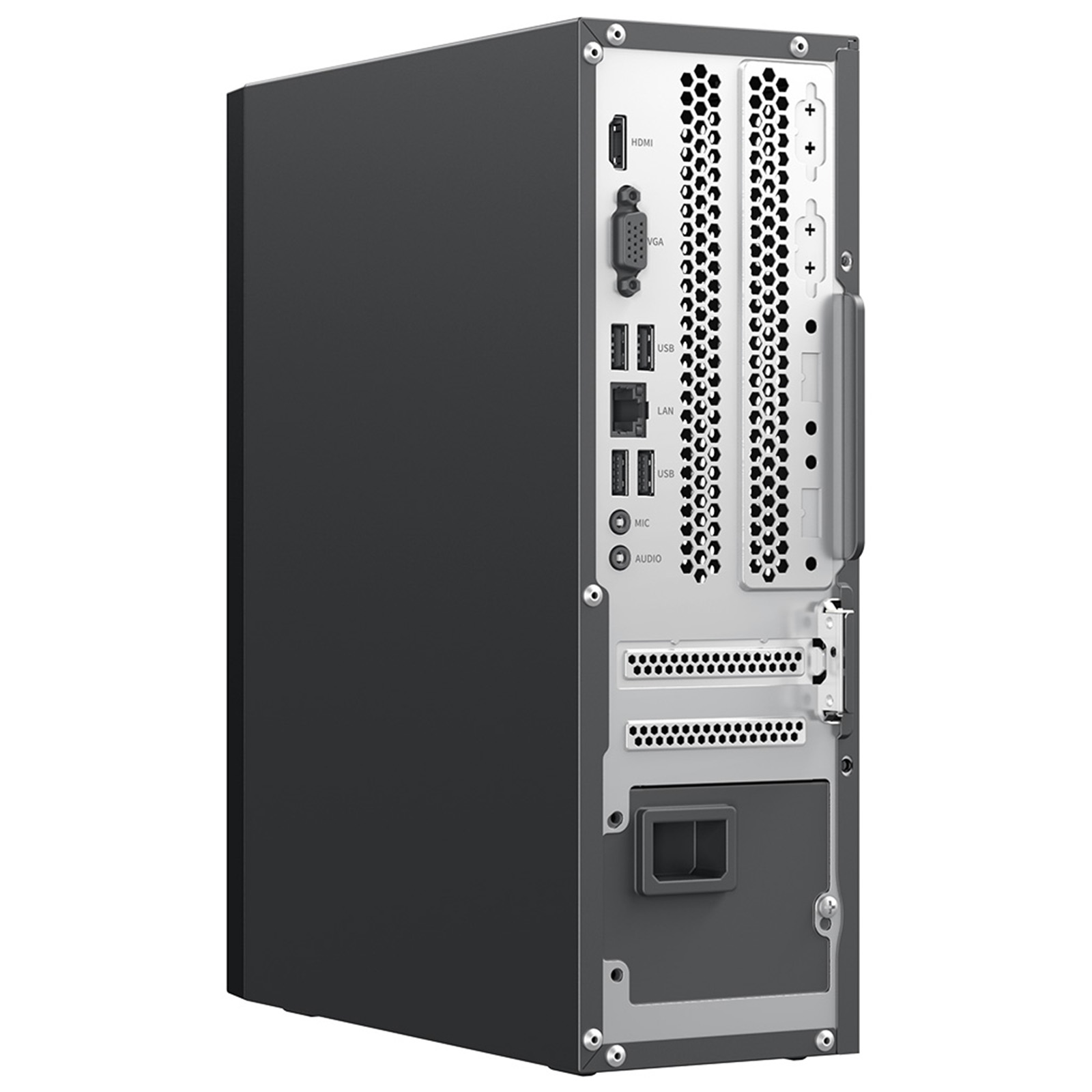 Back of a dark grey computer tower with ports like HDMI, VGA, USB, LAN, MIC, AUDIO.