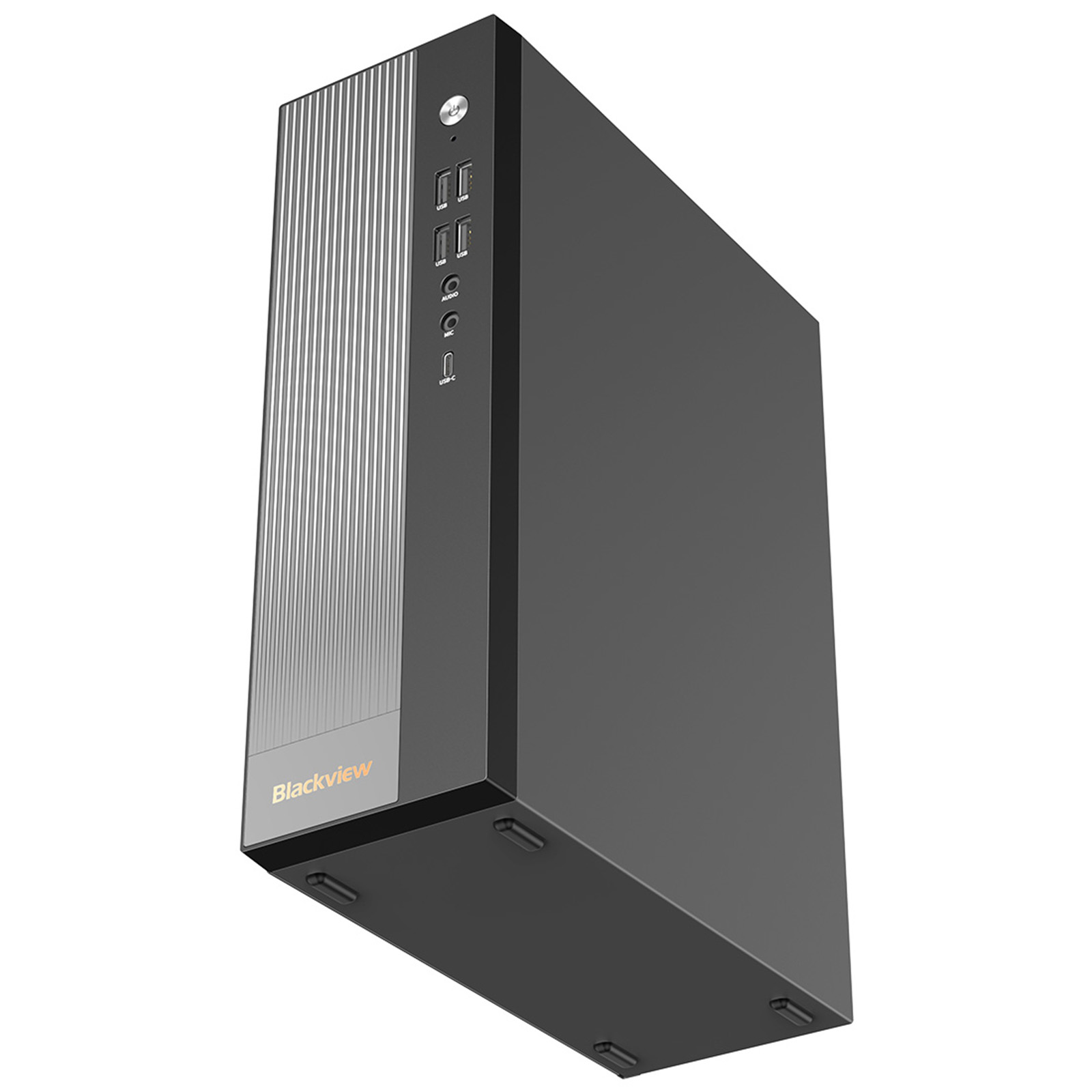 Black desktop PC with silver front panel, USB ports, audio and mic jacks.