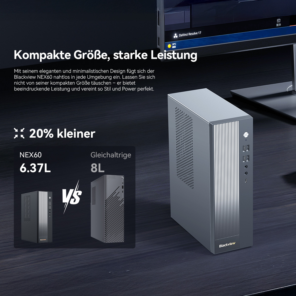 Ein schlanker, dunkelgrauer Computerturm mit gerippter Frontplatte steht auf einem Schreibtisch.
