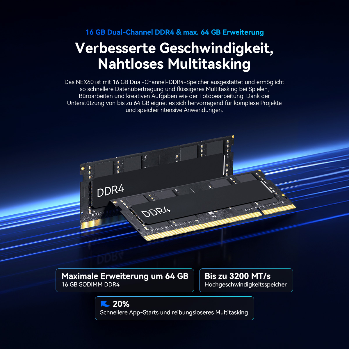 Zwei DDR4 RAM-Module auf blauem Hintergrund. Text hebt 16GB, 64GB Erweiterung, 3200 MT/s hervor.