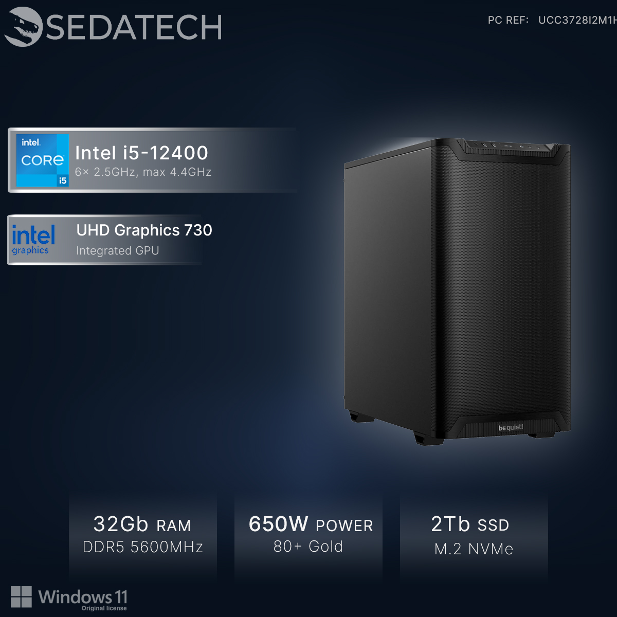 Czarna obudowa PC z procesorem Intel i5-12400, 32 GB RAM, 2 TB SSD.