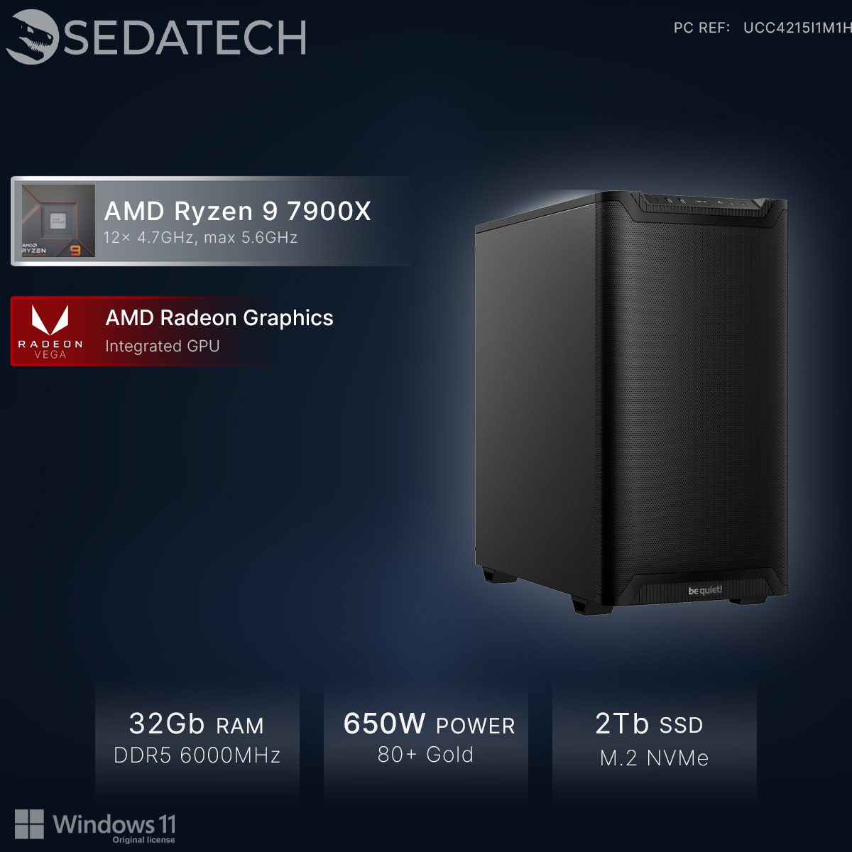 Un case PC nero con CPU AMD Ryzen 9, 32 GB di RAM, alimentatore 650W.