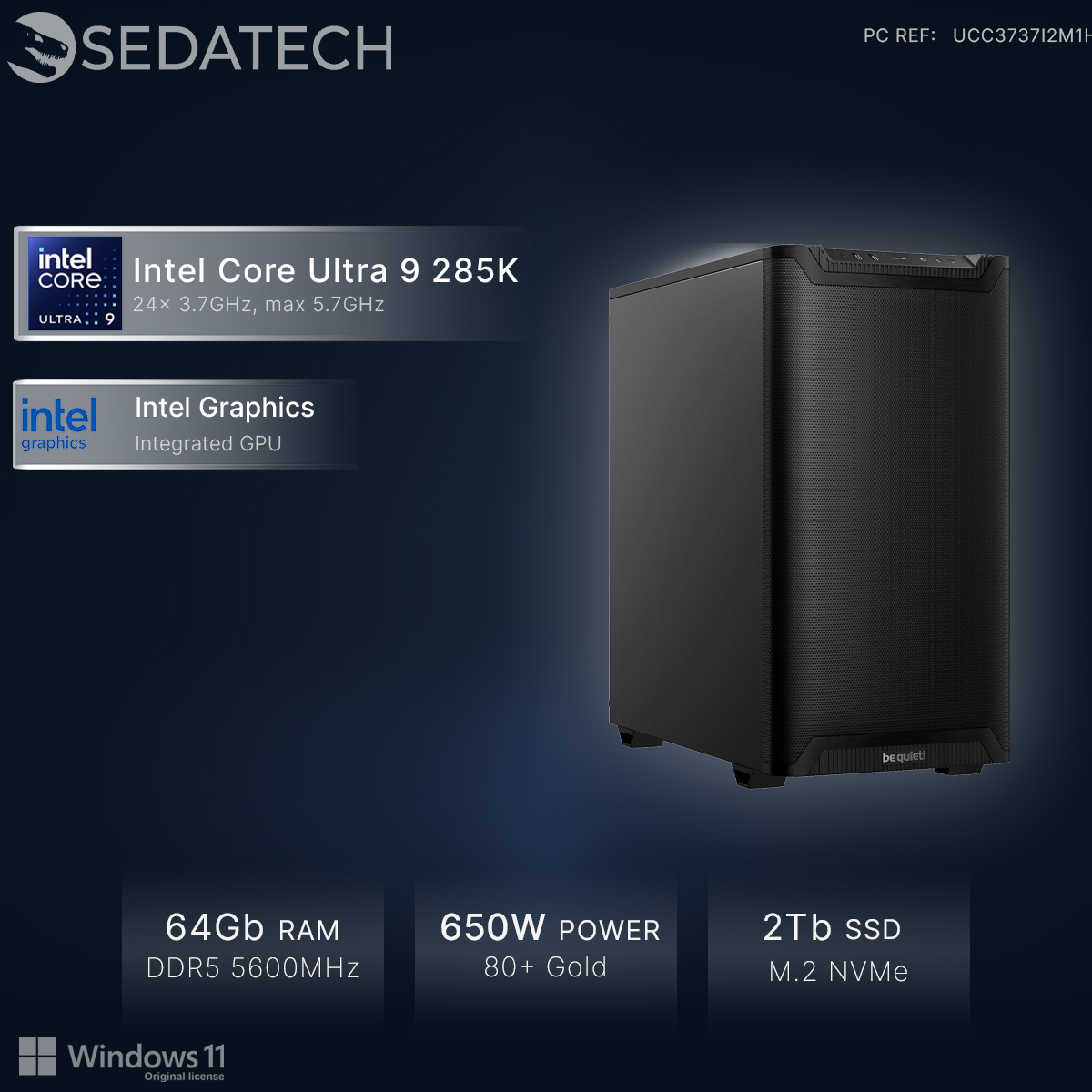 PC nero con Intel Core Ultra 9, 64GB RAM, alimentatore 650W e SSD 2TB.